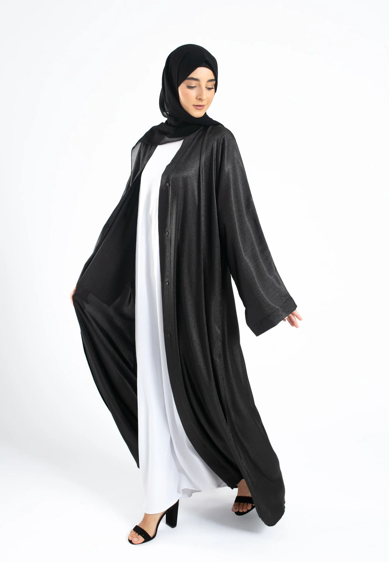 Shimmer Textured Open Abaya - Black - Hayah Al-Muslimah