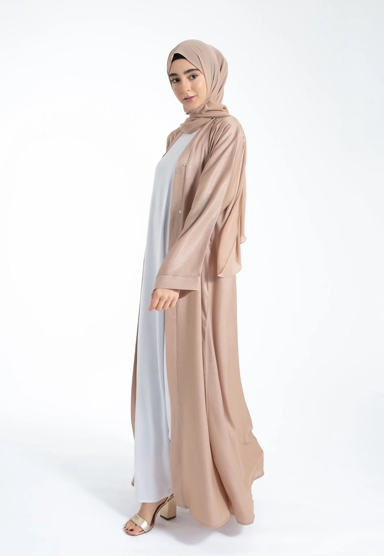 Shimmer Textured Open Abaya - Champagne - Hayah Al-Muslimah