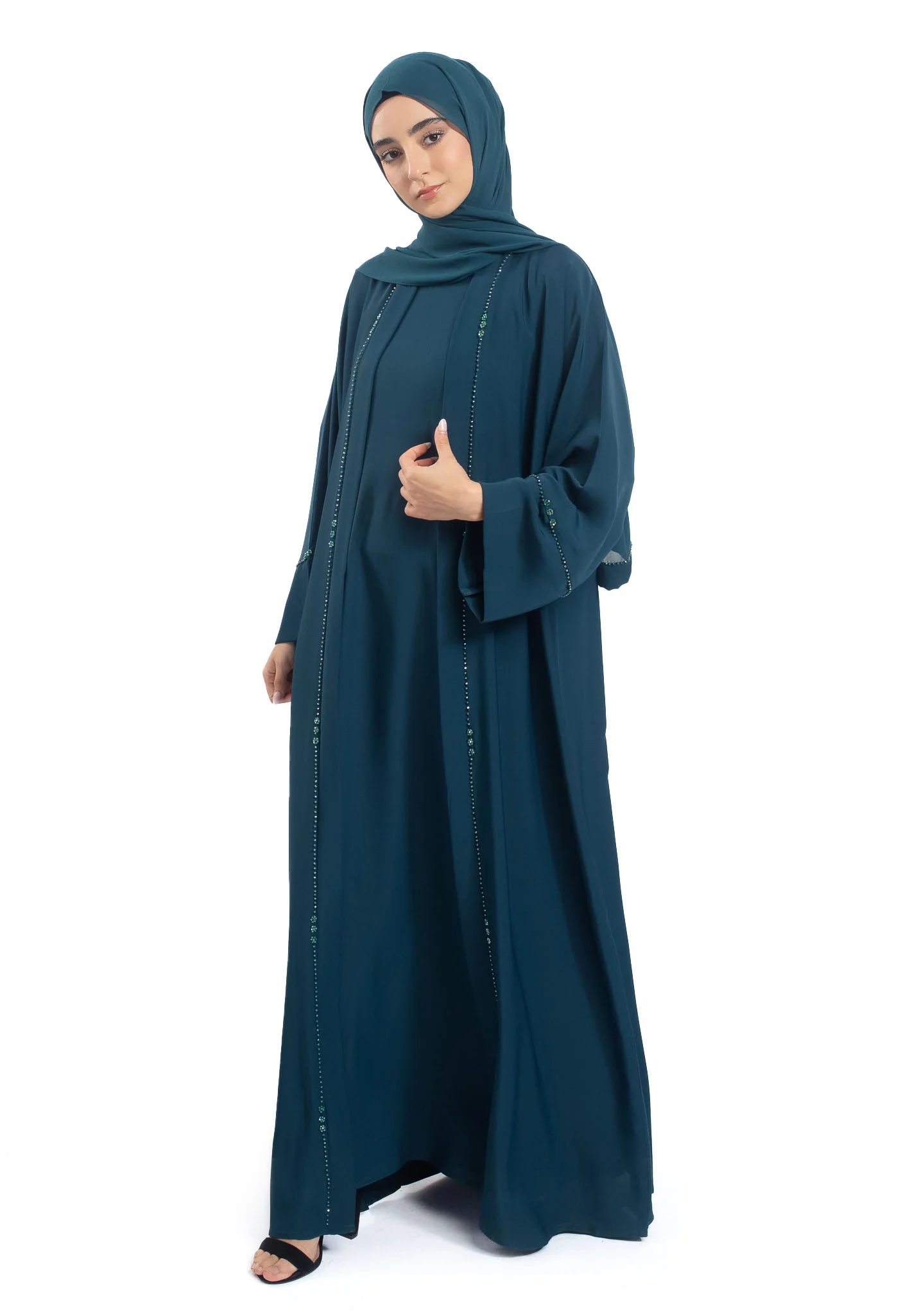 Premium Teal Open Abaya 3-Piece Kimono Set - Hayah Al-Muslimah