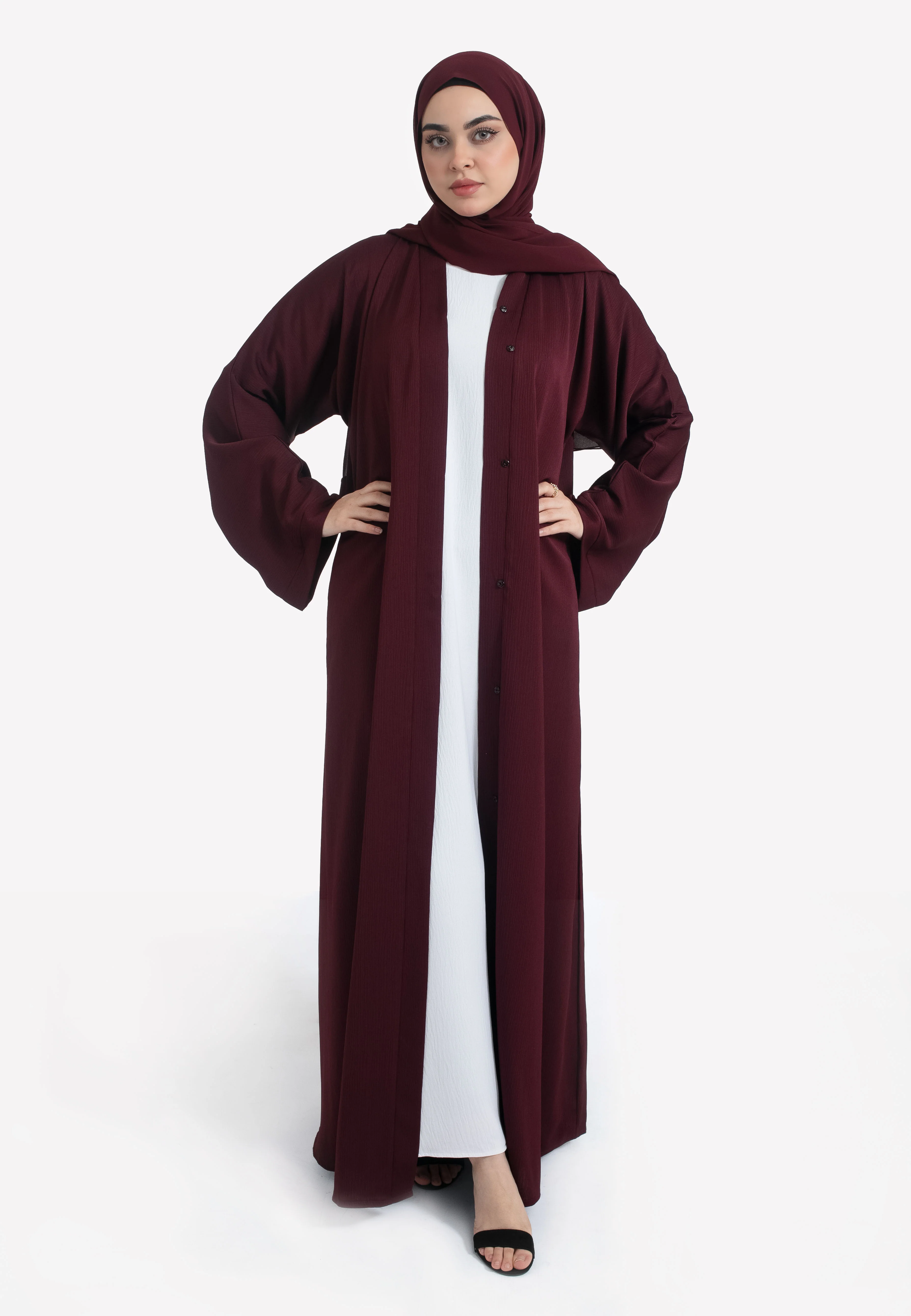 Plain Burgundy Textured Open Abaya - Hayah Al-Muslimah