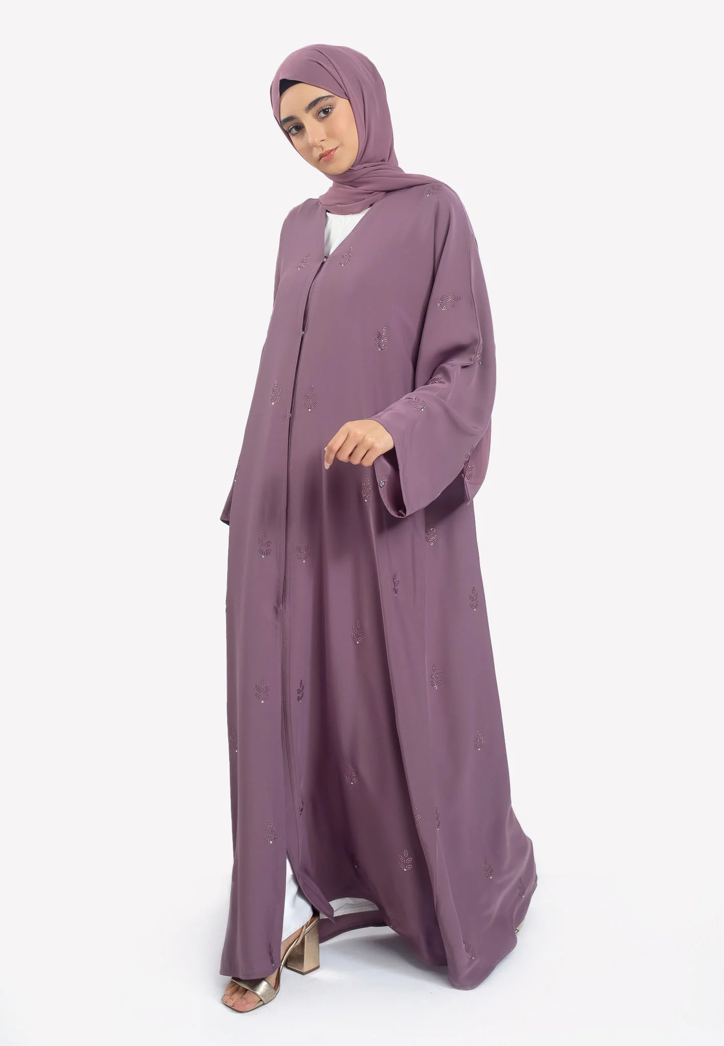 Premium Mulberry Open Abaya with Swarovski Stones - Hayah Al-Muslimah