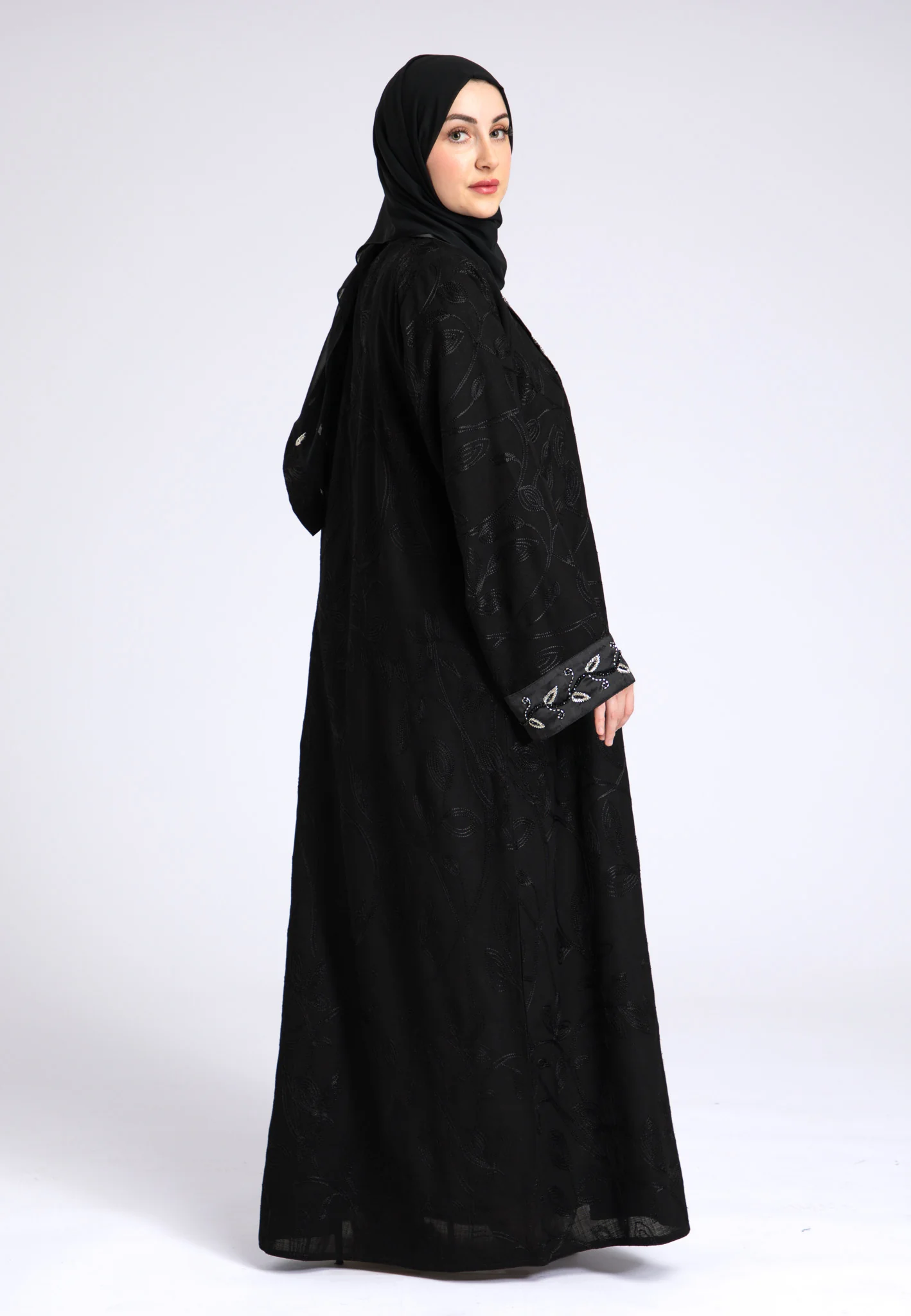 Midnight Black Notched Lapel Open Abaya (Premium) - Hayah Al-Muslimah