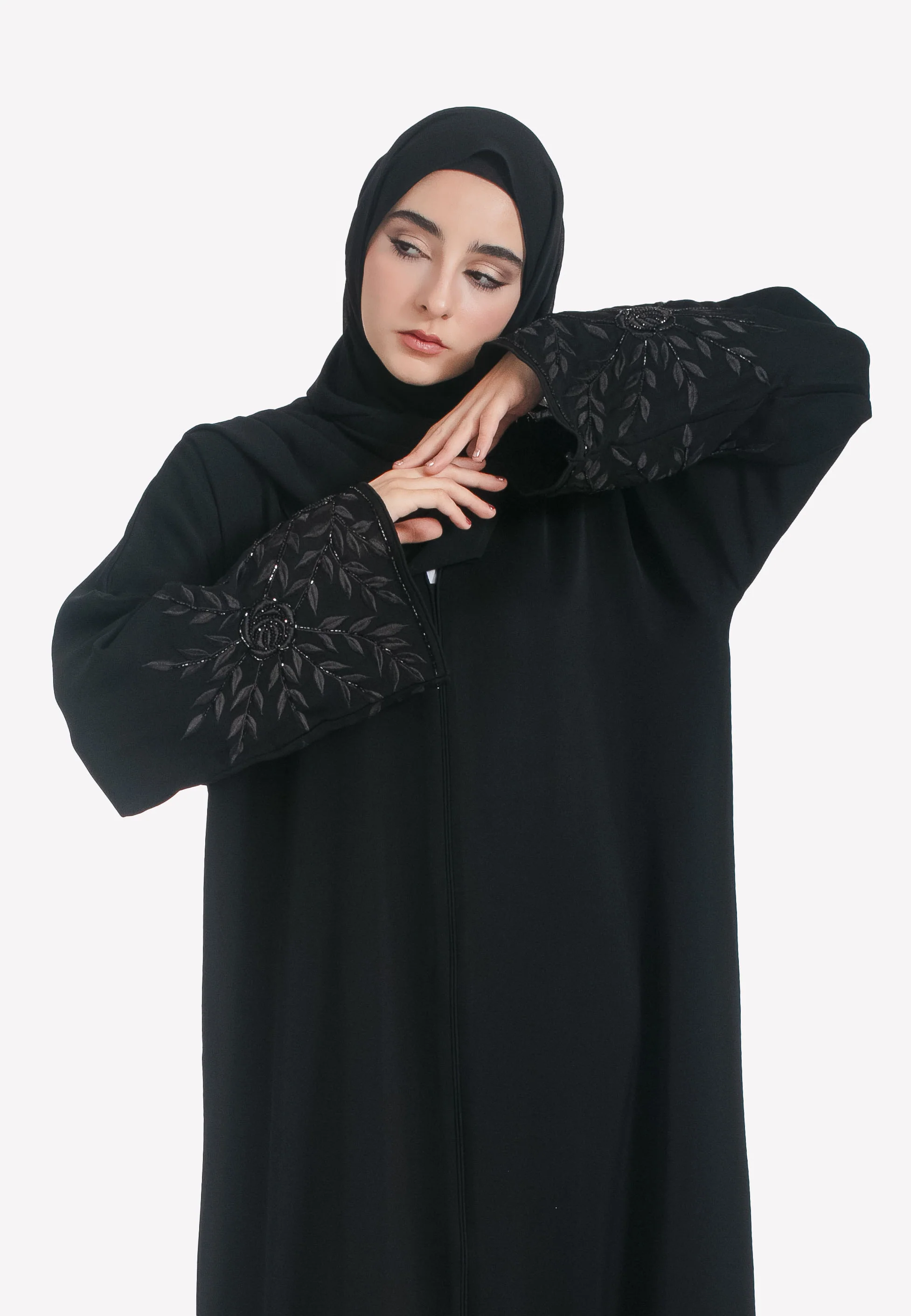 Black on Black Floral Embroidered Closed Abaya - Hayah Al-Muslimah