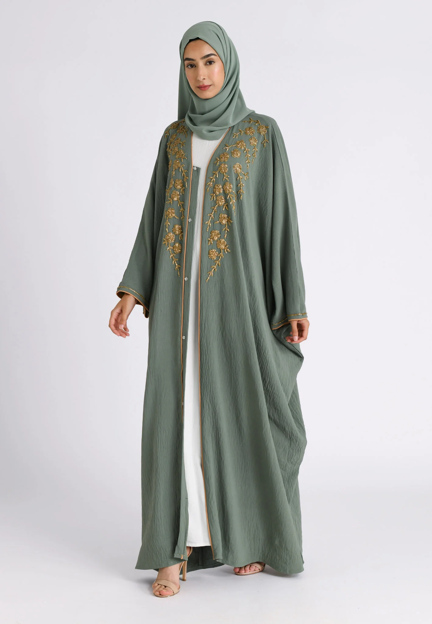 Premium Luxury Sage Green Embellished Open Farasha Abaya - Hayah Al-Muslimah