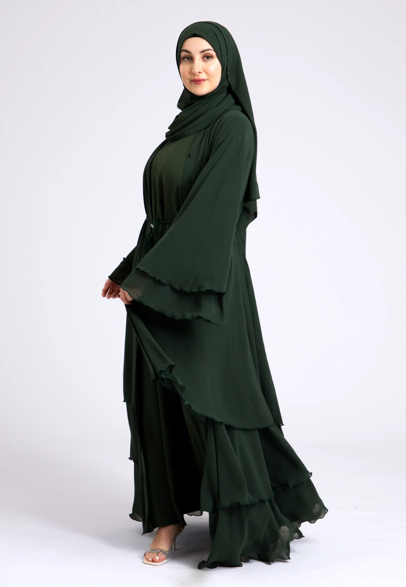 Luxury Forest Green 3 Layered Open Abaya with Inner Dress - Hayah Al-Muslimah