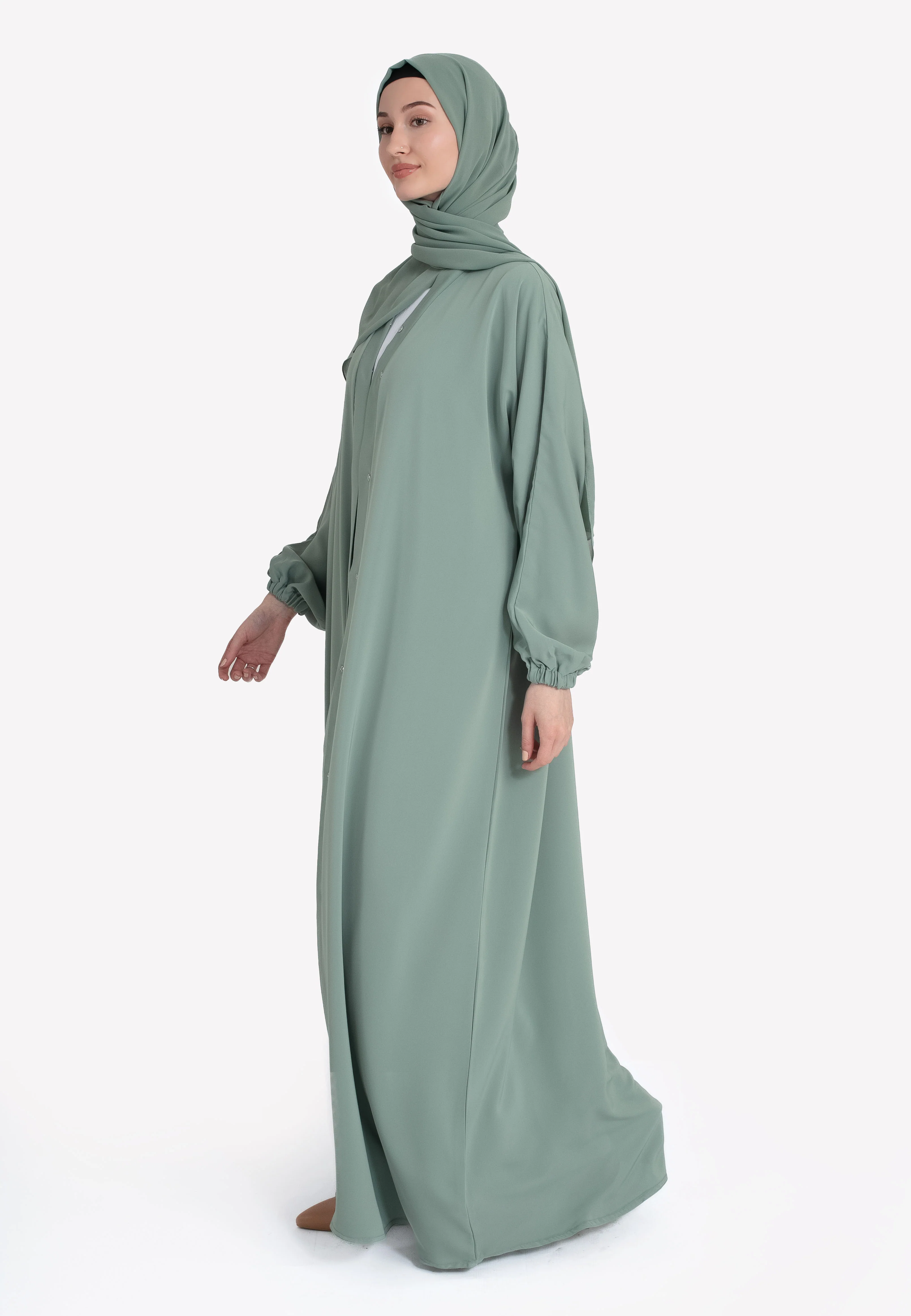 Sage Green Plain Open Abaya With Elasticated Cuff Sleeves (Premium) - Hayah Al-Muslimah