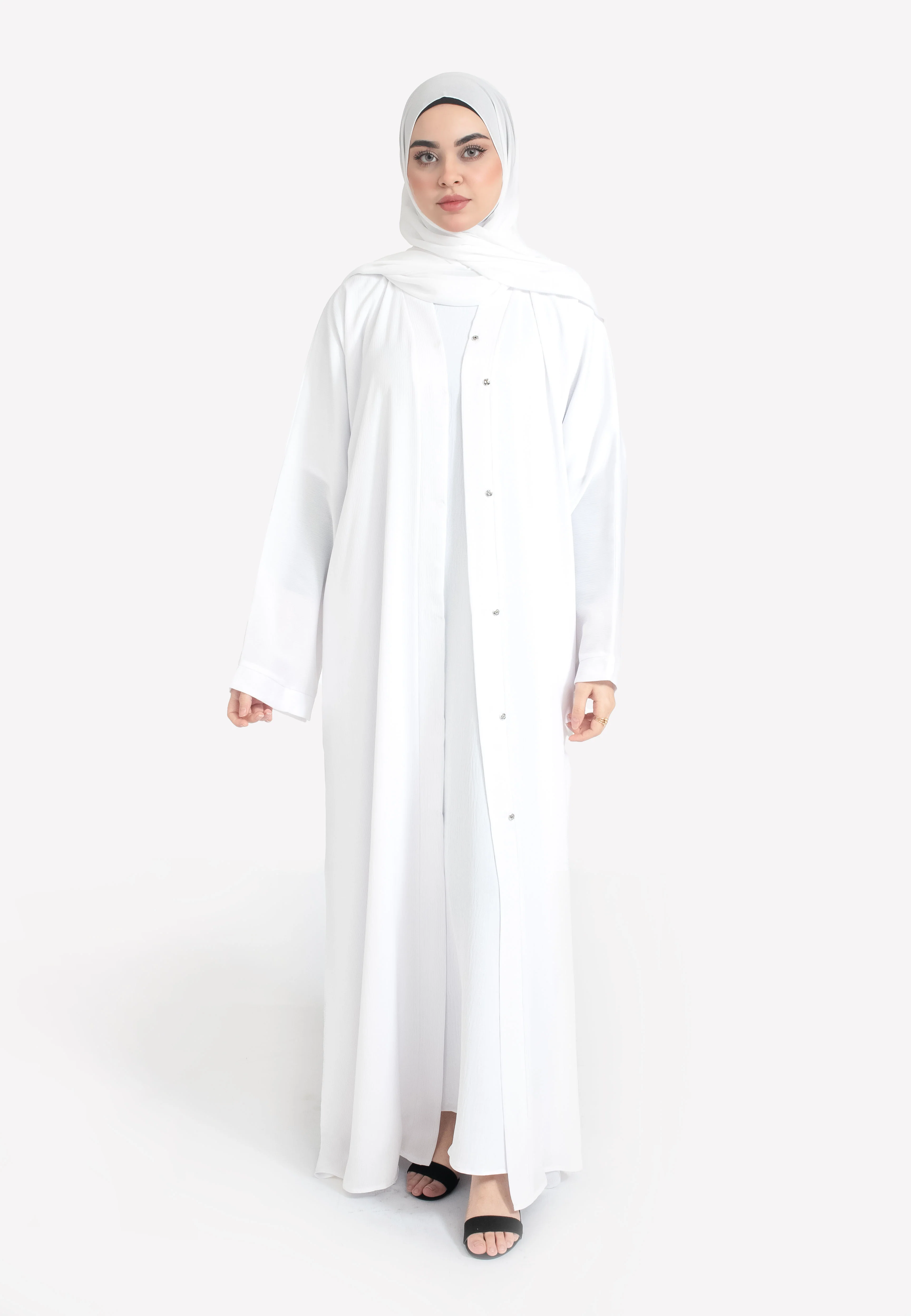 Plain Ivory White Textured Open Abaya - Hayah Al-Muslimah