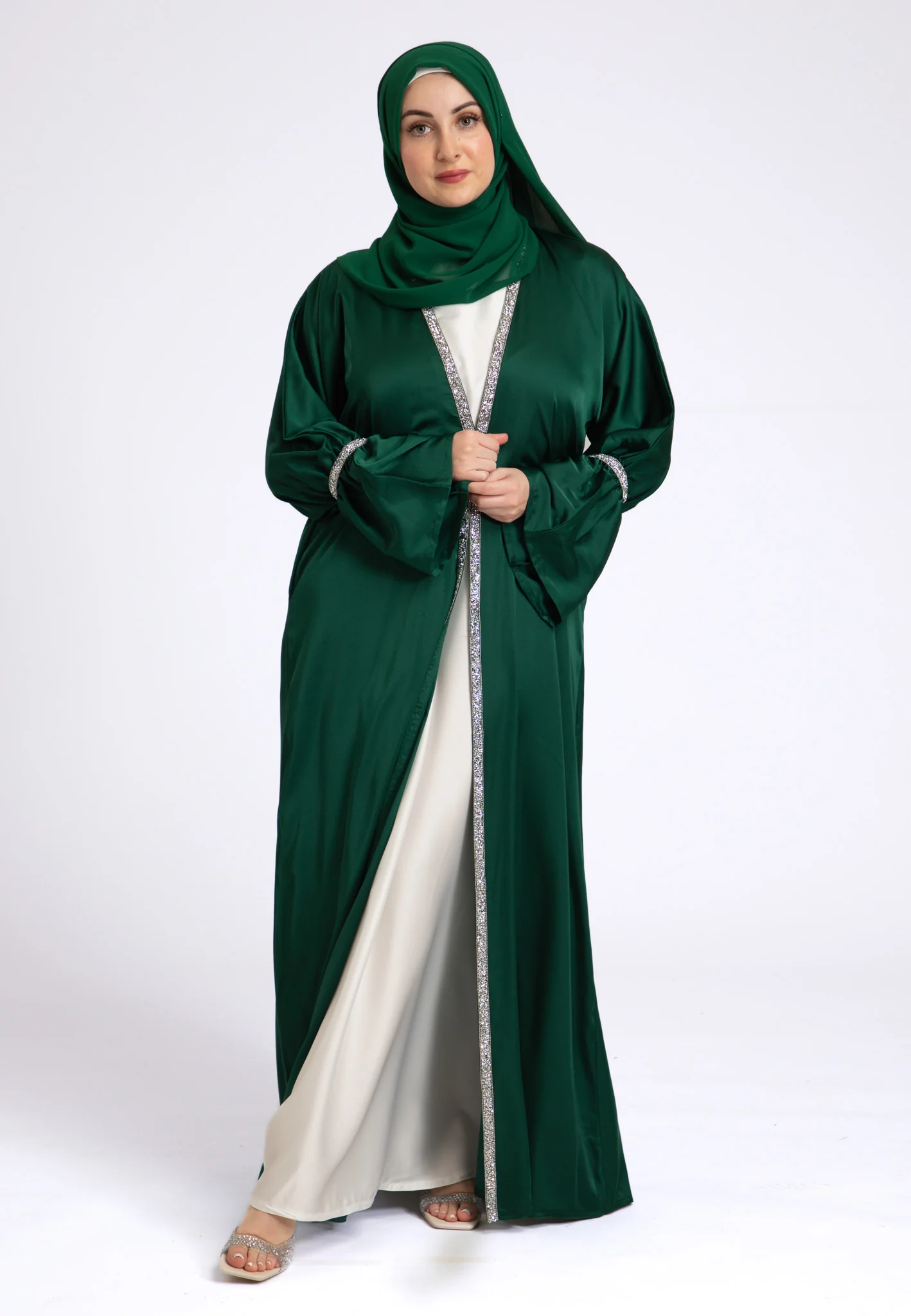 Emerald Green Satin Open Abaya Set - Hayah Al-Muslimah