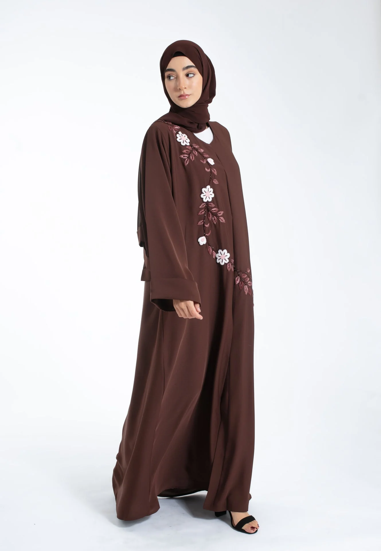 Chocolate Brown Embroidered Open Abaya - Hayah Al-Muslimah