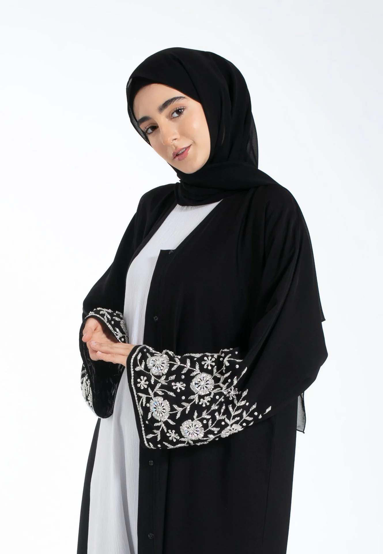 Elegance In Bloom Embellished Open Abaya - Hayah Al-Muslimah