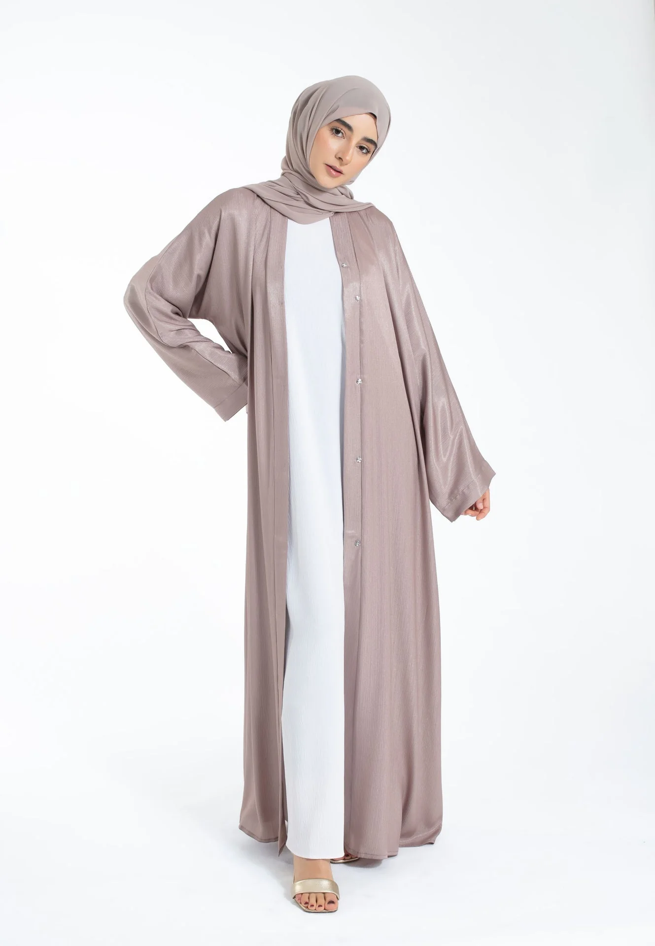 Shimmer Textured Open Abaya - Mink - Hayah Al-Muslimah