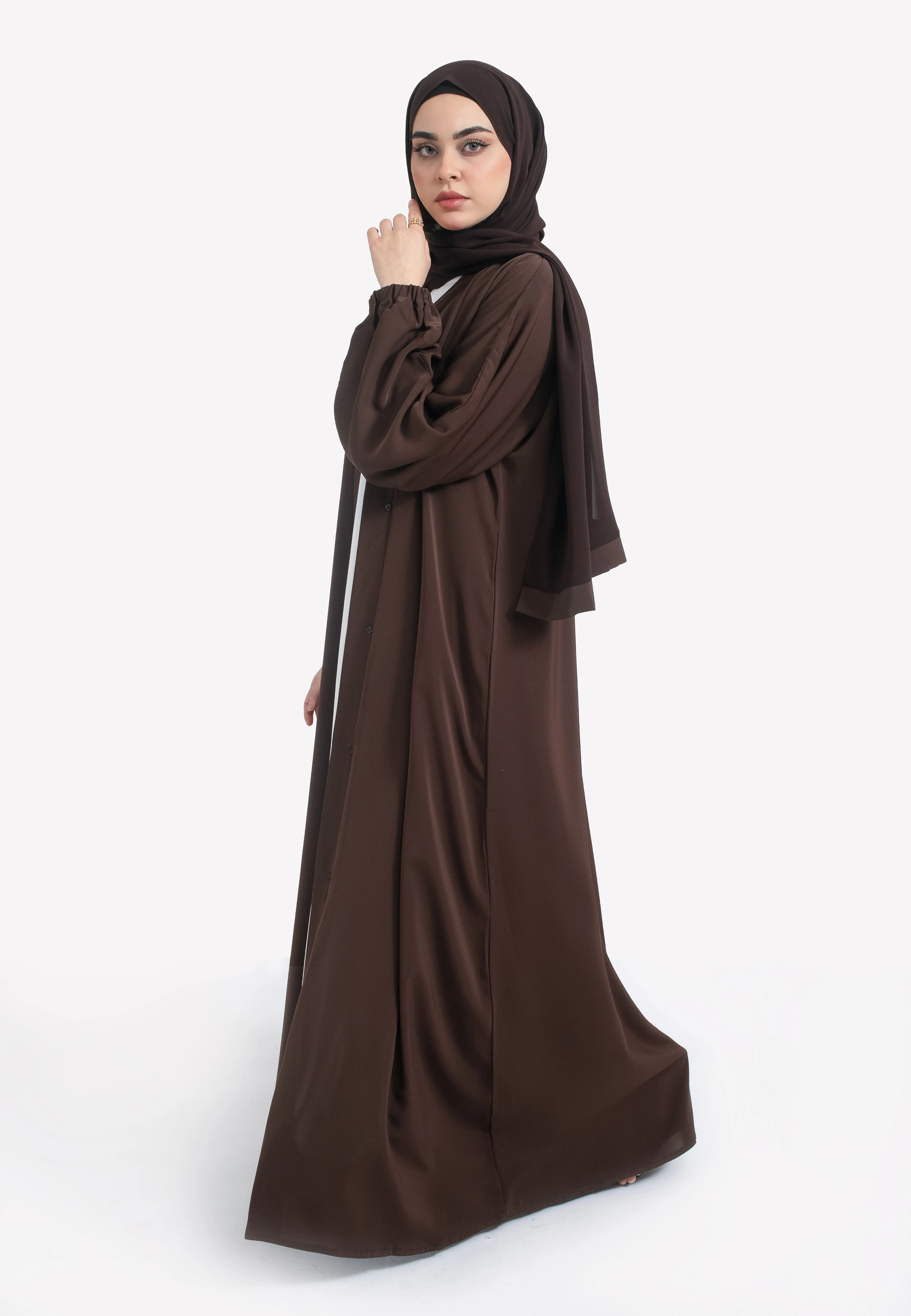 Plain Brown Open Abaya With Elasticated Cuff Sleeves - Hayah Al-Muslimah