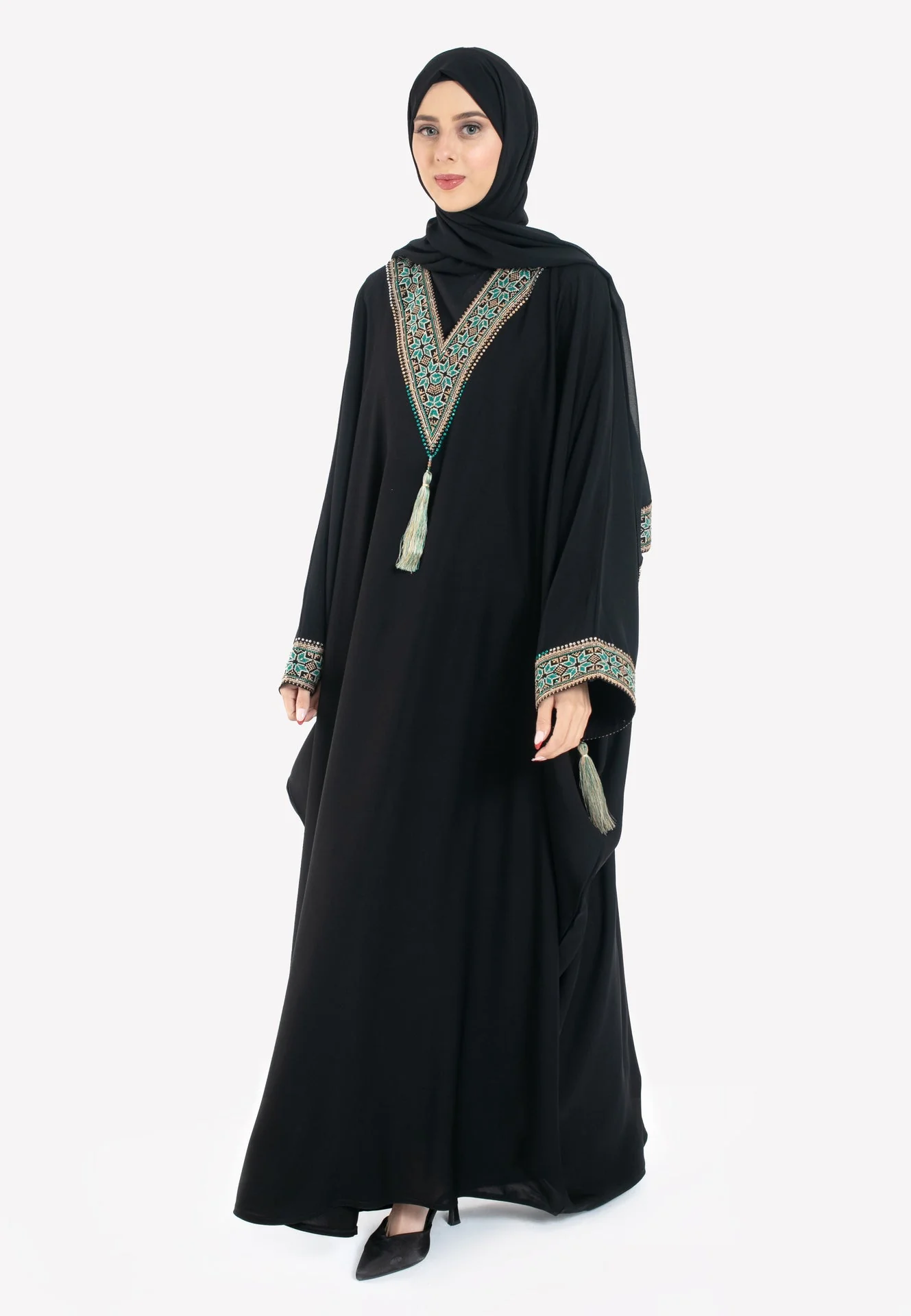 Palestinian Tatreez Batwing Abaya - Turquoise & Gold - Hayah Al-Muslimah