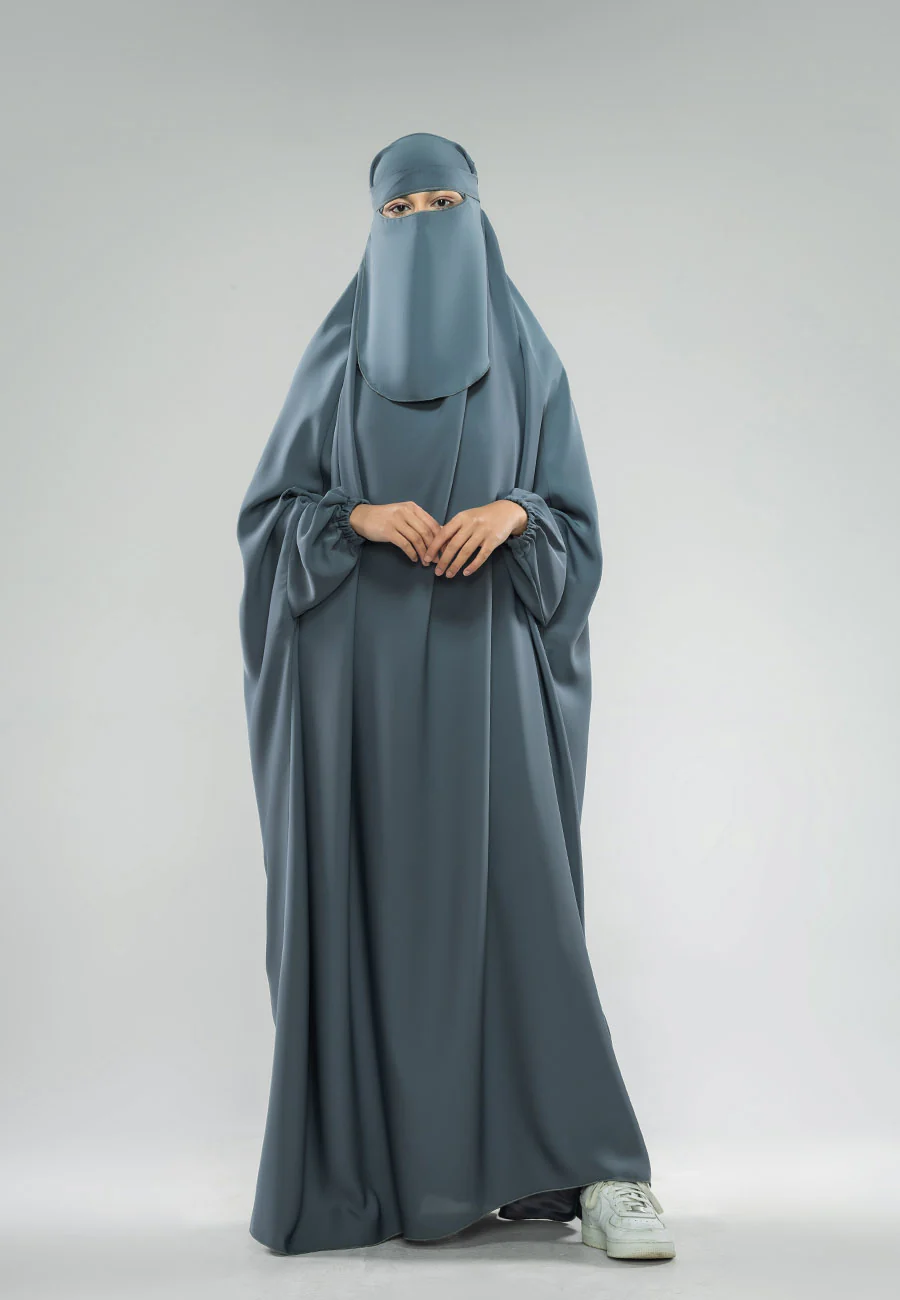 Pebble Grey One-Piece Full Length Jilbab With Elasticated Cuff - Prayer / Abaya Dress (Premium) - Hayah Al-Muslimah
