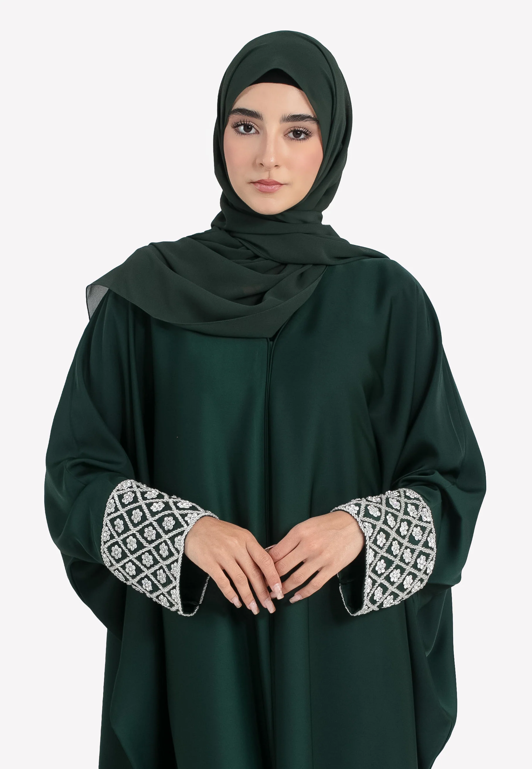 Luxury Forest Closed Farasha with Jewel Embellished Cuffs - Hayah Al-Muslimah