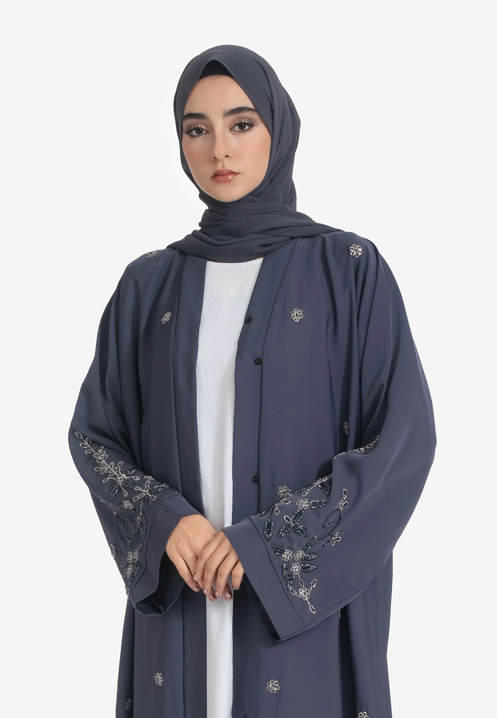 Ash Grey Embellished Open Abaya - Hayah Al-Muslimah