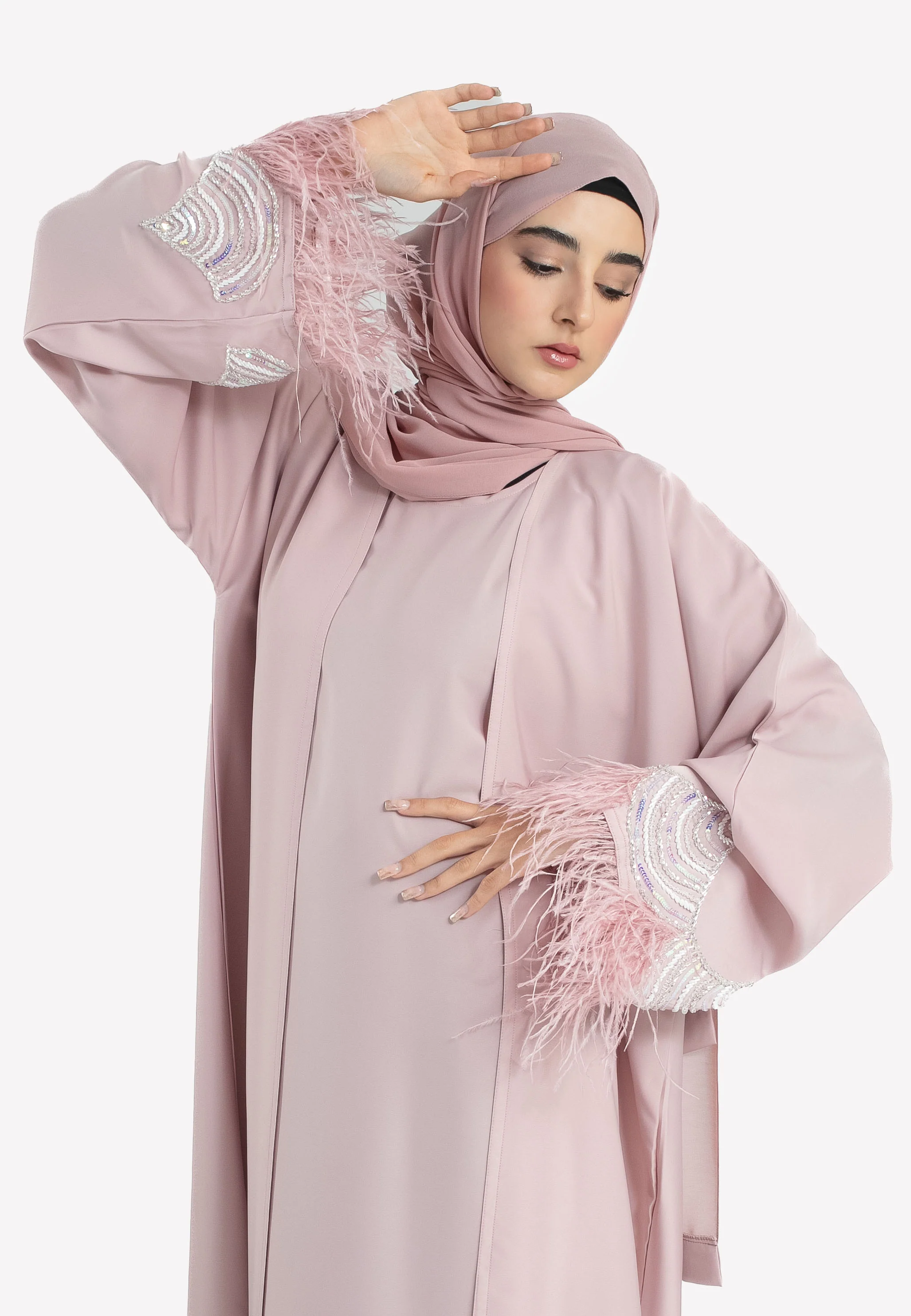 Luxury Rose Blush Feathered 4-Piece Abaya Set - Hayah Al-Muslimah