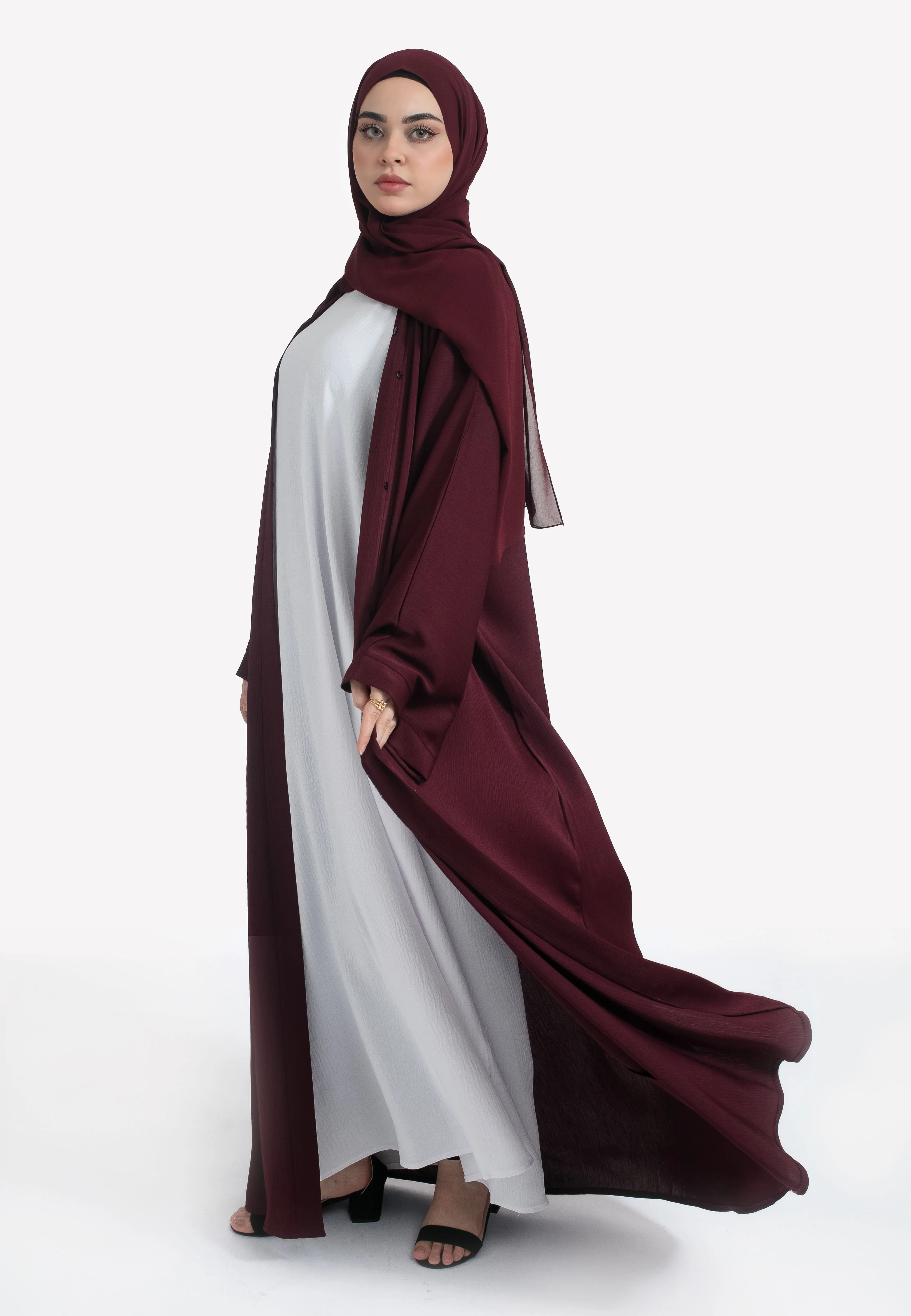 Plain Burgundy Textured Open Abaya - Hayah Al-Muslimah