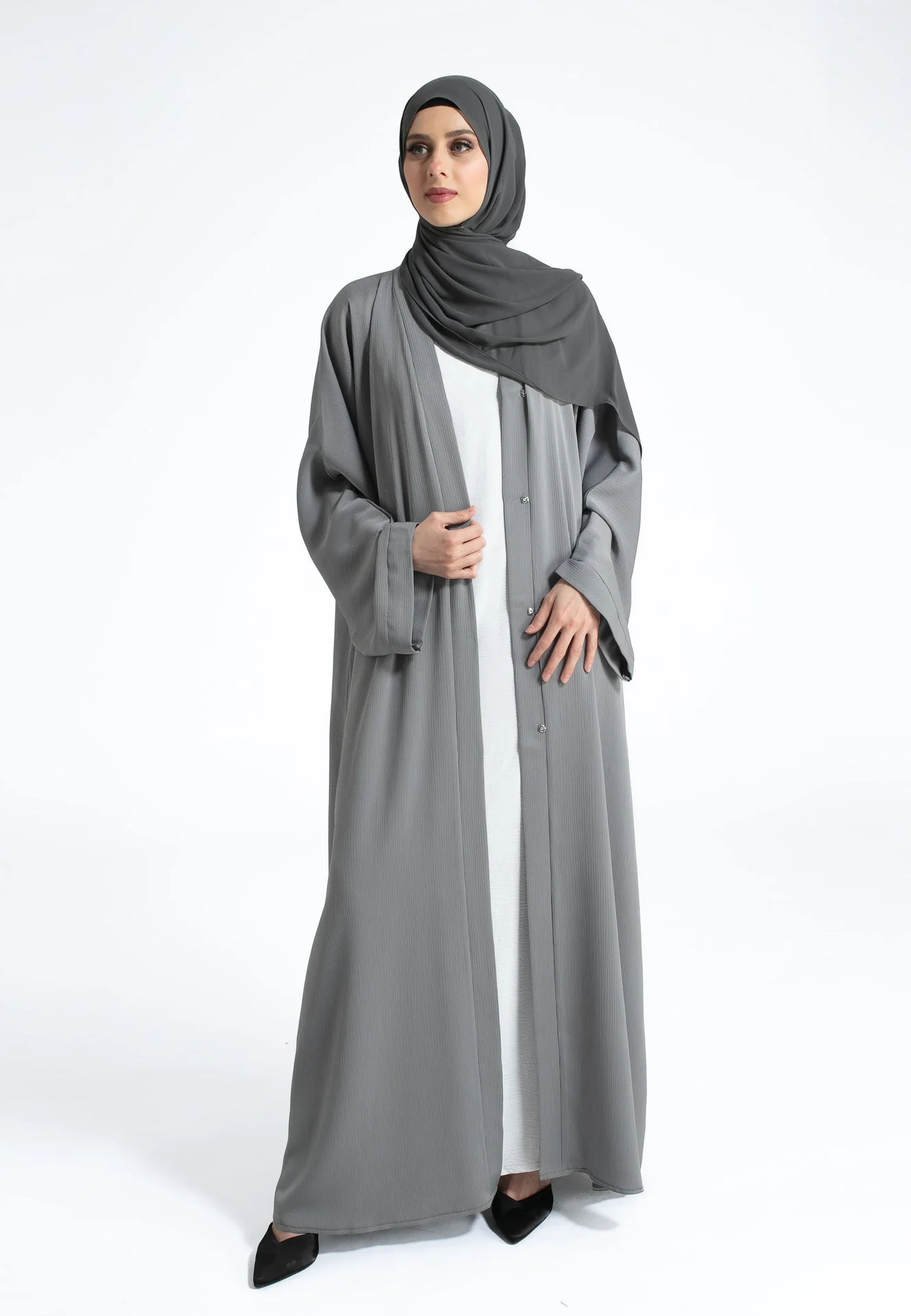 Plain Textured Open Abaya - Pebble Grey - Hayah Al-Muslimah
