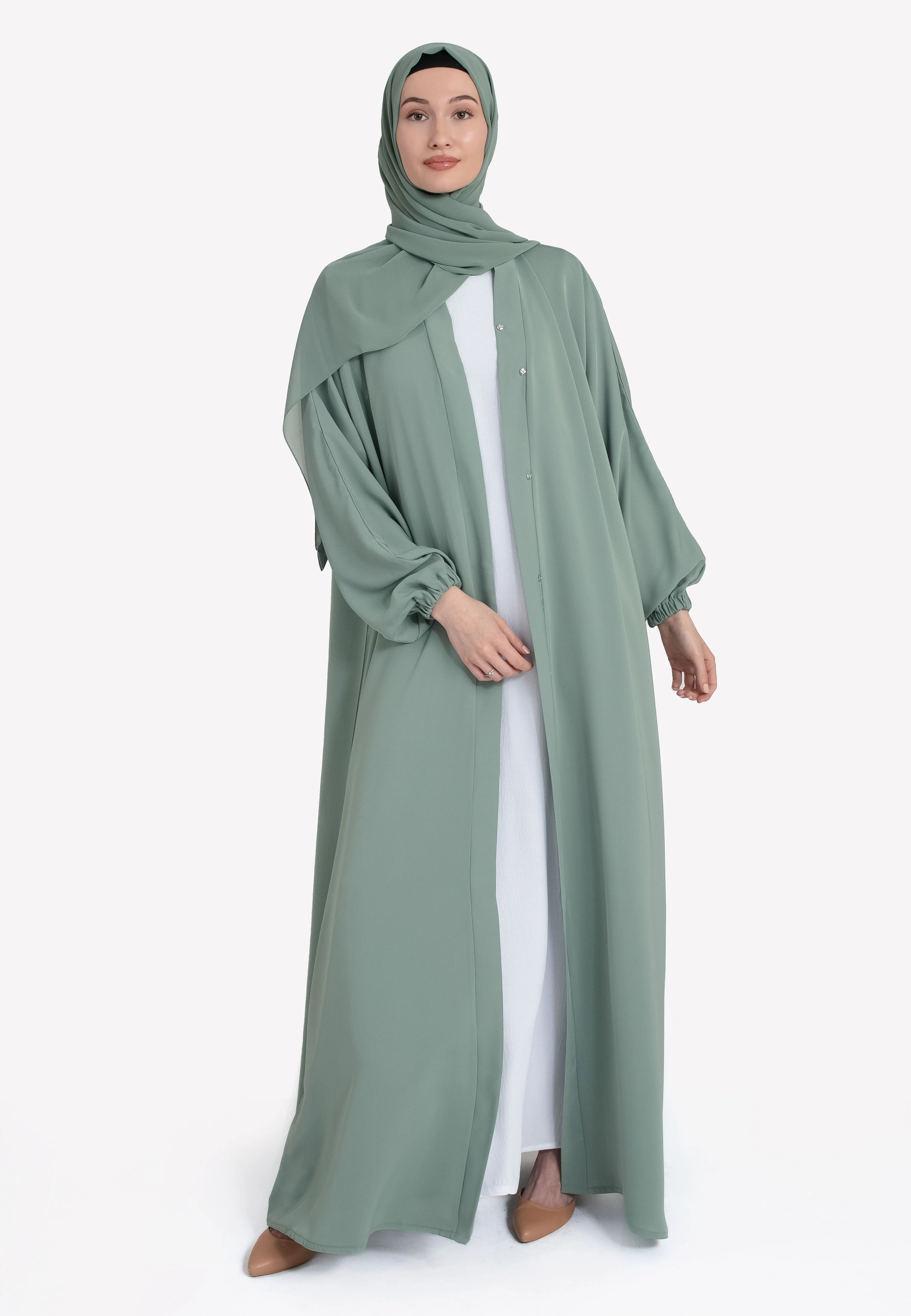 Sage Green Plain Open Abaya With Elasticated Cuff Sleeves (Premium) - Hayah Al-Muslimah