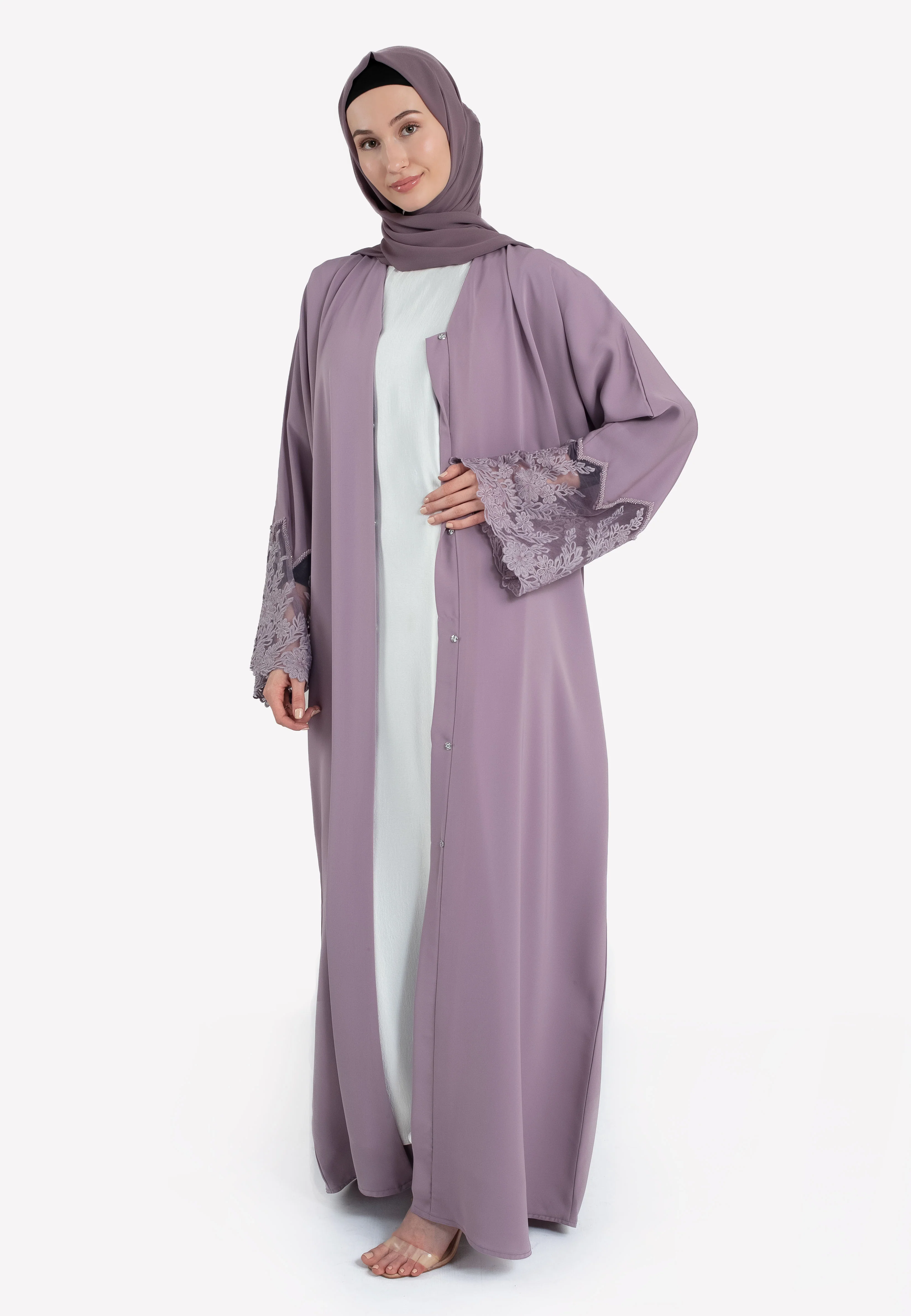 Luxury Lilac Open Abaya With Floral Lace Detailing - Hayah Al-Muslimah