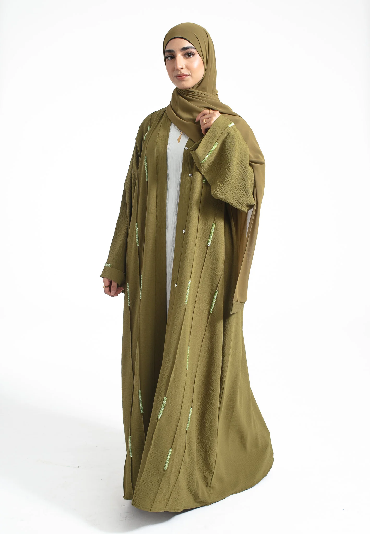 Matcha Crystal Embellished Open Abaya (Premium) - Hayah Al-Muslimah