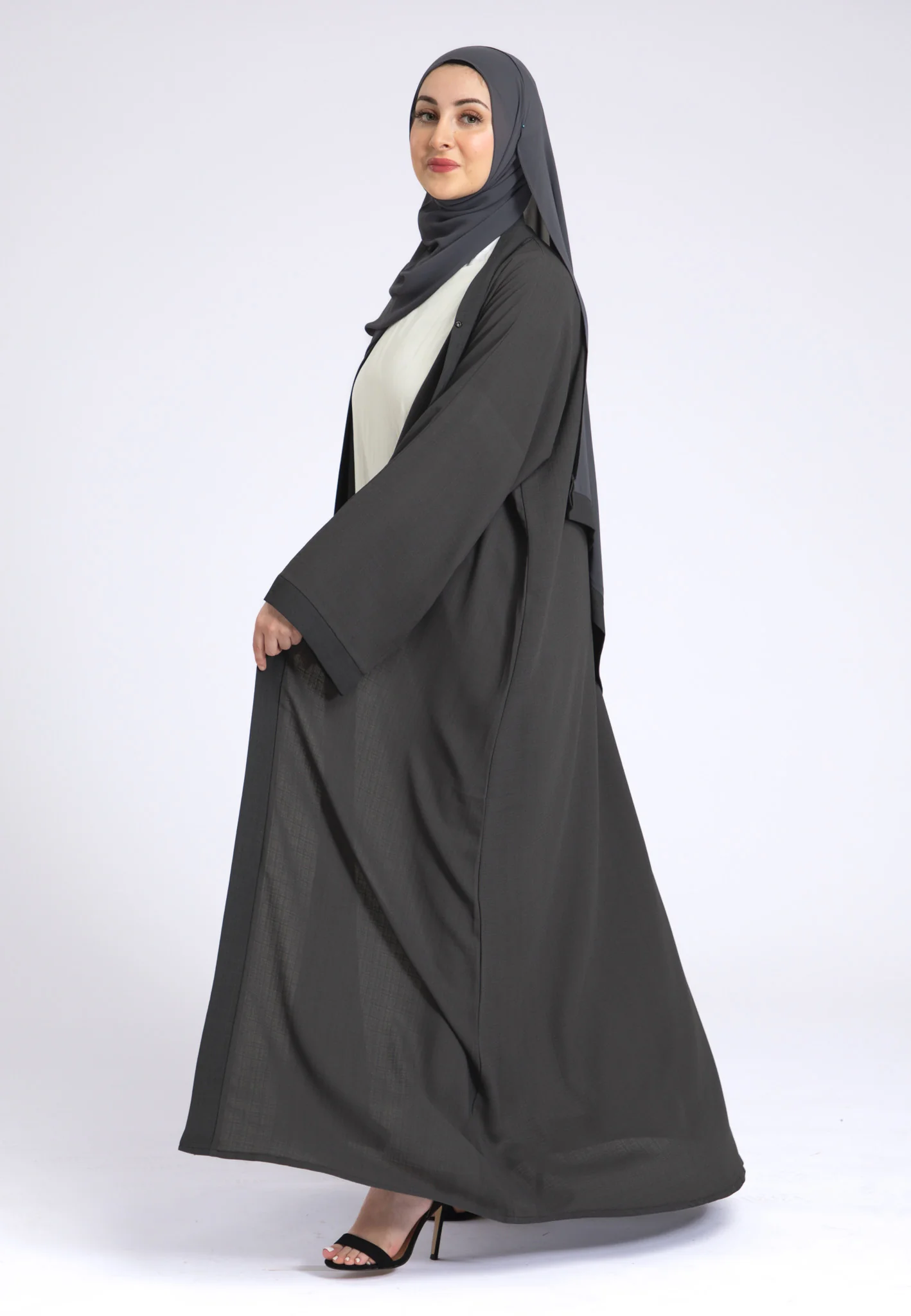 Charcoal Grey Linen Open Abaya - Hayah Al-Muslimah
