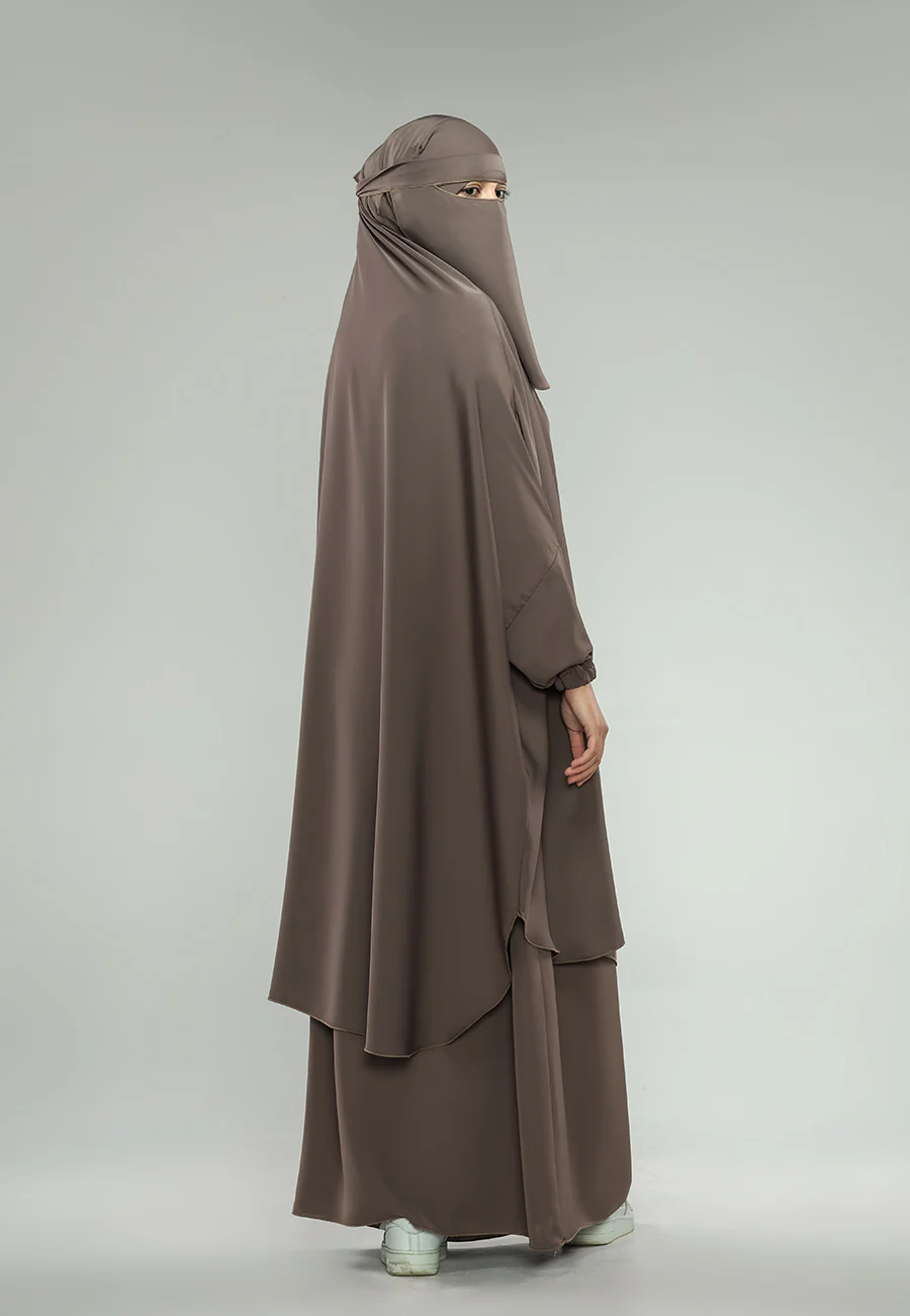 Taupe Two-Piece Jilbab With Elasticated Cuff - Prayer / Abaya Dress (Premium) - Hayah Al-Muslimah