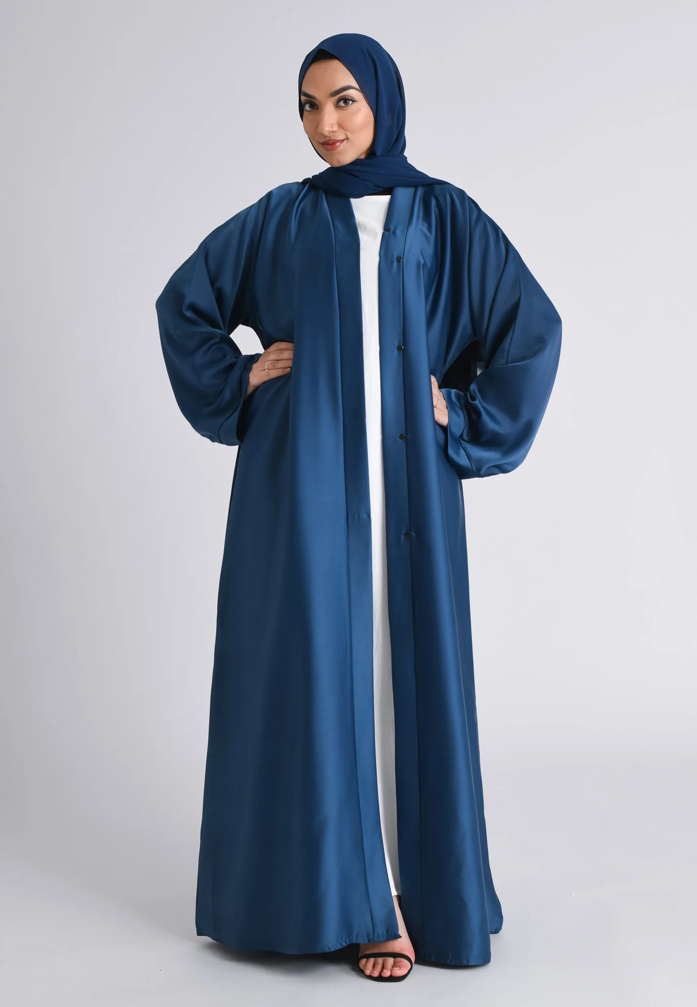 Plain Liquid Satin Open Abaya - Navy - Hayah Al-Muslimah