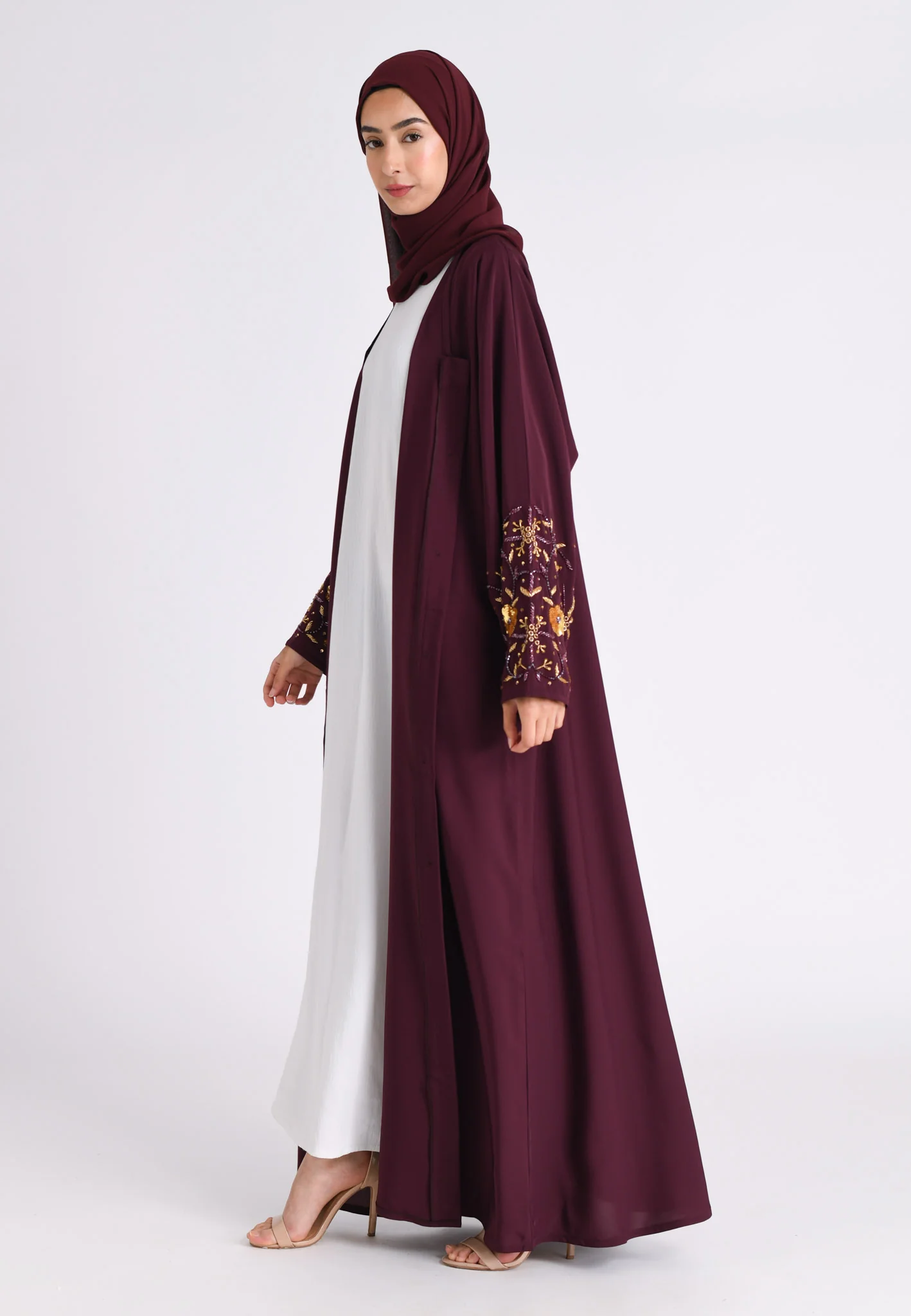 Luxury Dark Cherry Embellished Open Abaya (Premium) - Hayah Al-Muslimah