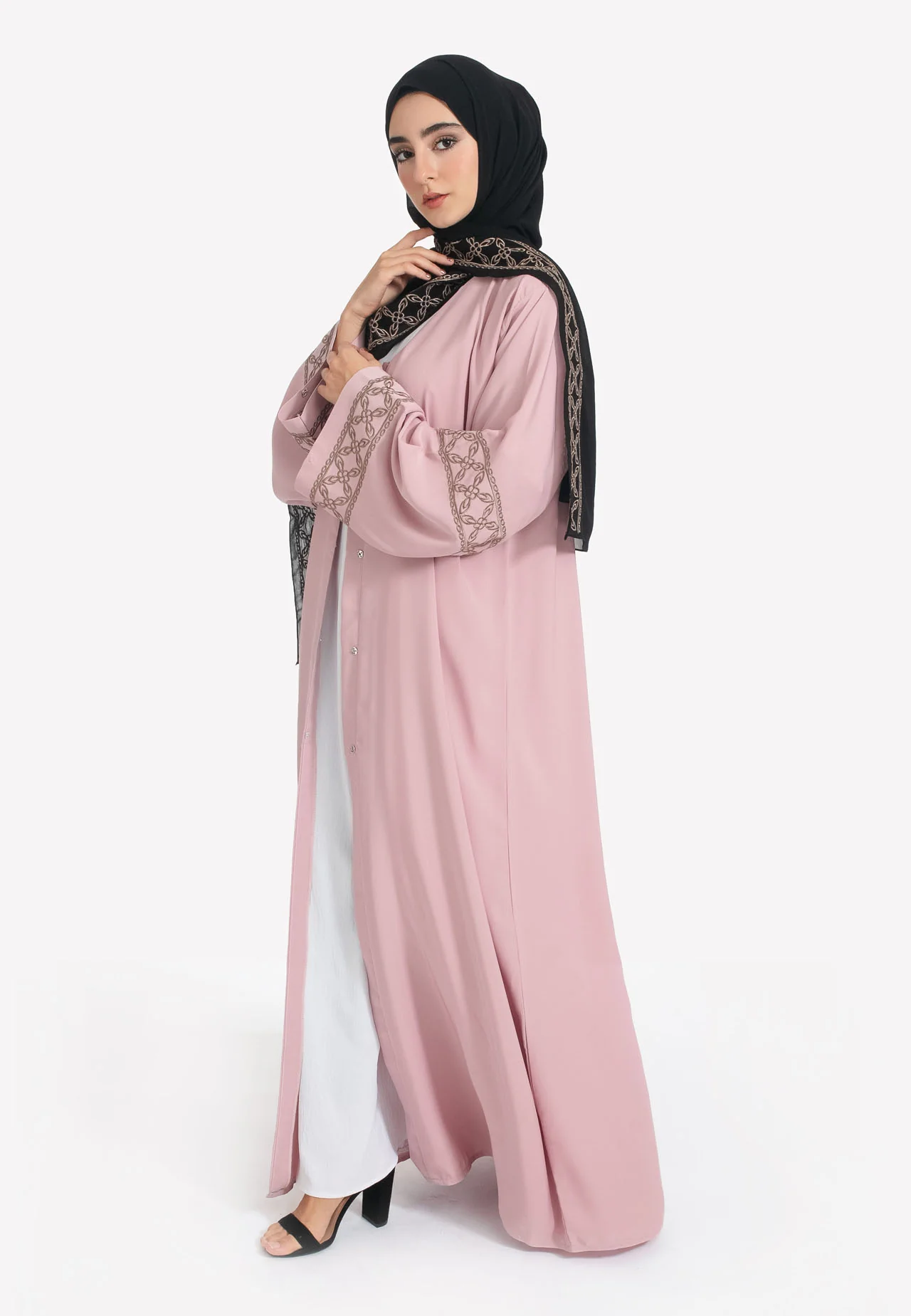 Elegant Blush Pink Open Abaya with Geometric Embroidery - Hayah Al-Muslimah