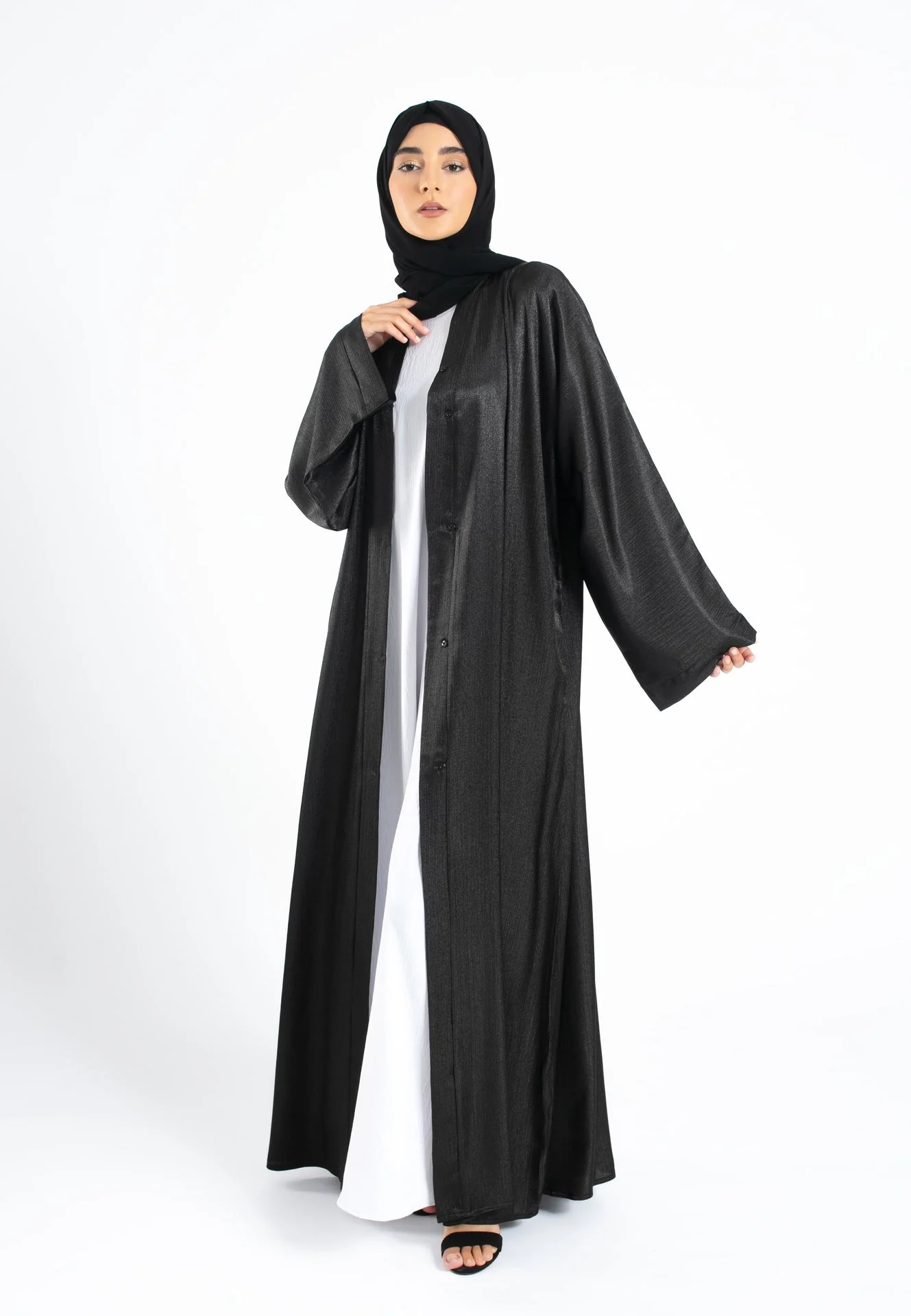 Shimmer Textured Open Abaya - Black - Hayah Al-Muslimah