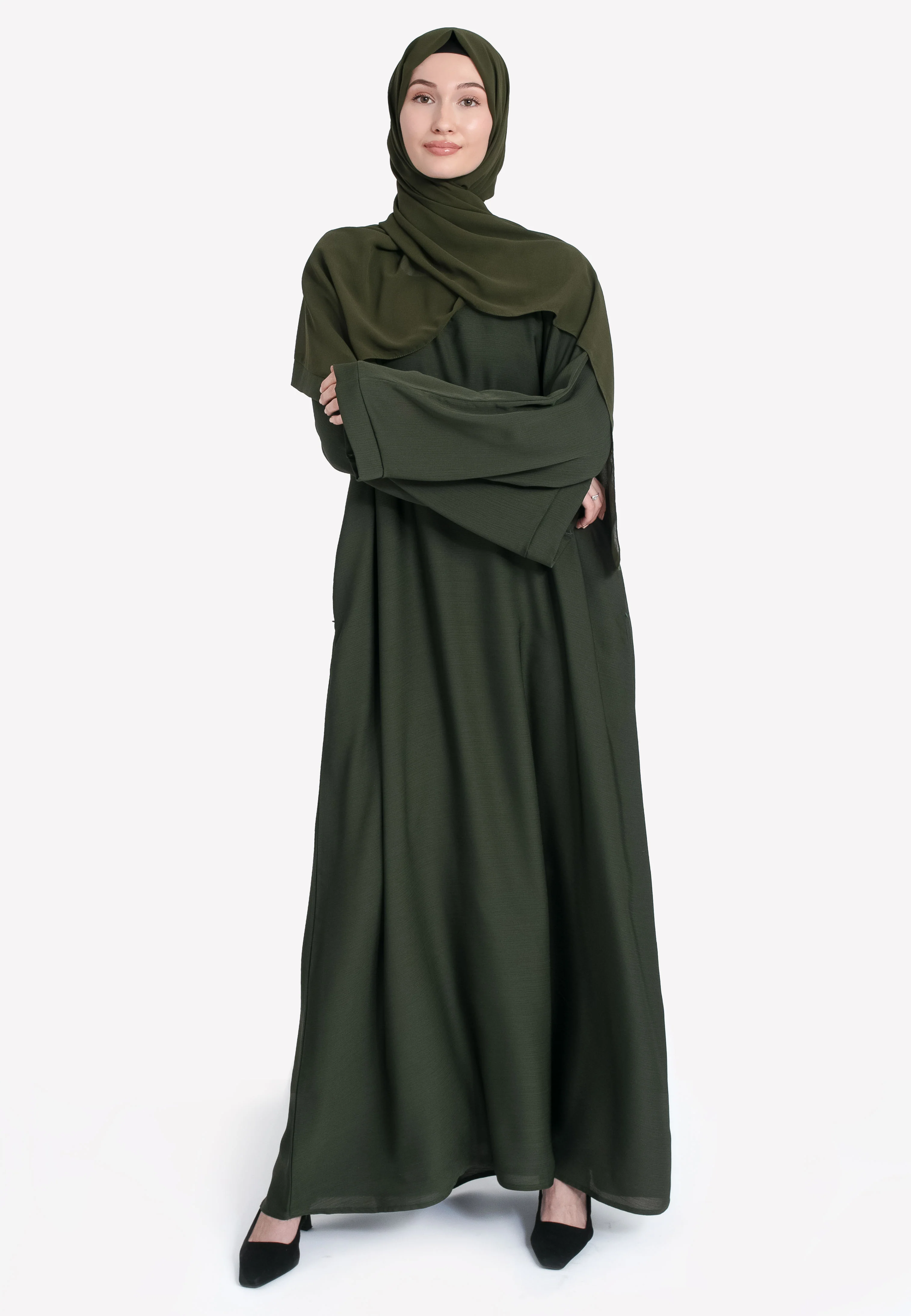 Olive Textured Abaya With Zip Pockets - Hayah Al-Muslimah