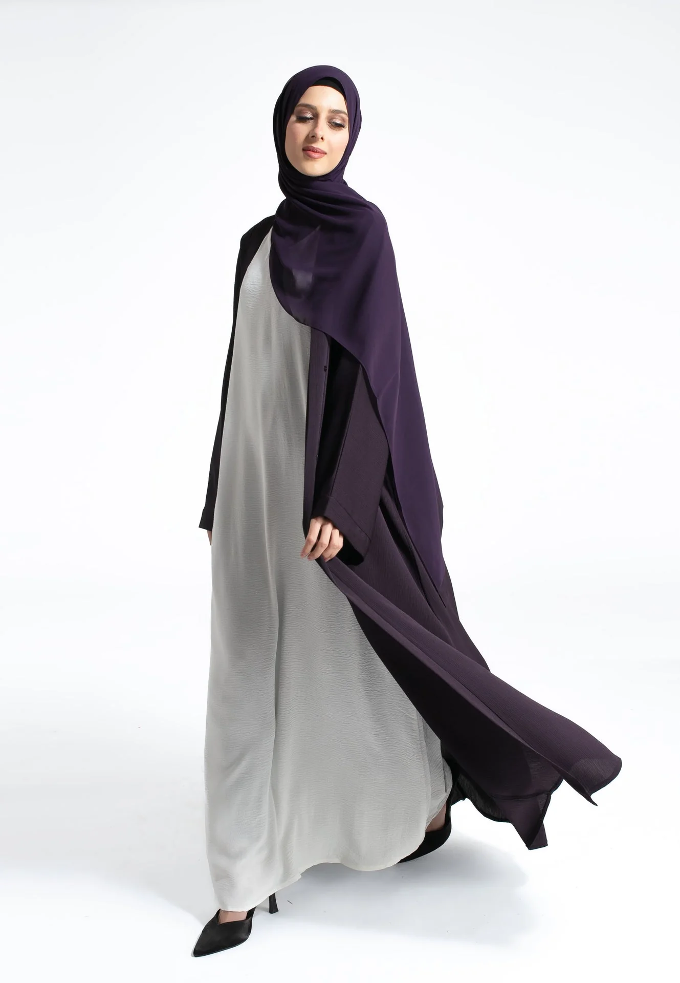Plain Textured Open Abaya - Deep Purple - Hayah Al-Muslimah