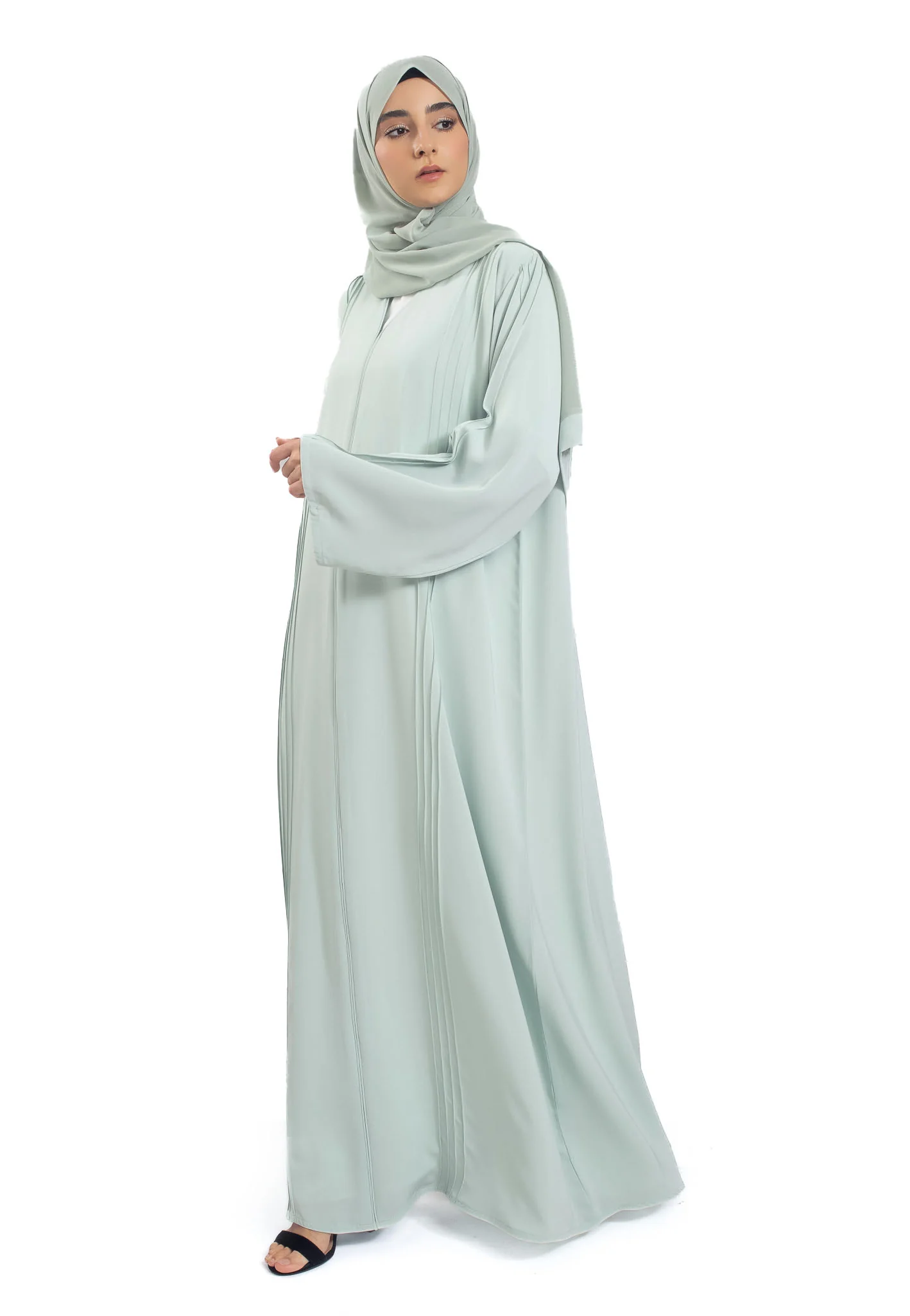 Premium Sage Closed Abaya with Pleats Detailing - Hayah Al-Muslimah