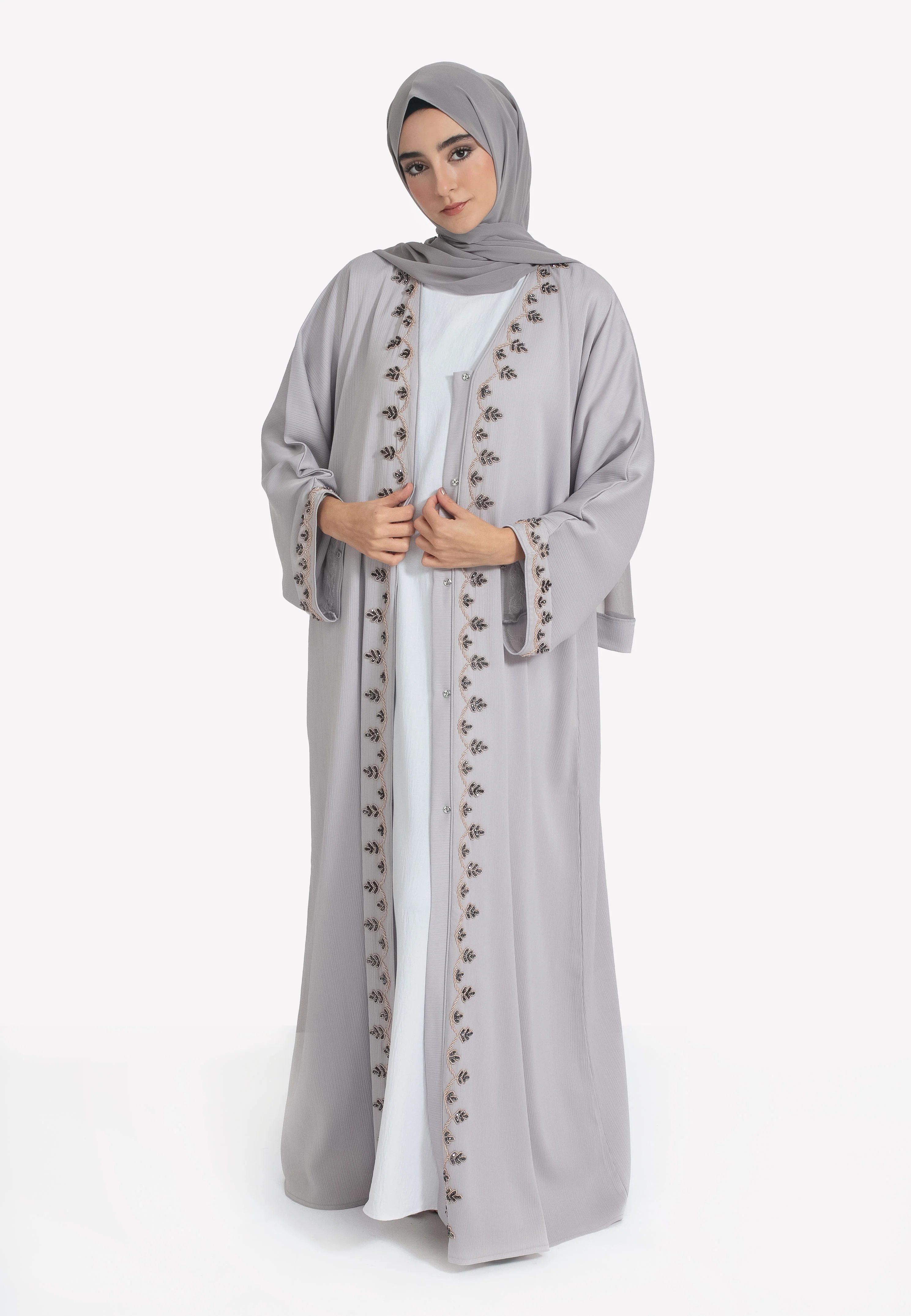 French Grey Embellished Open Abaya - Hayah Al-Muslimah