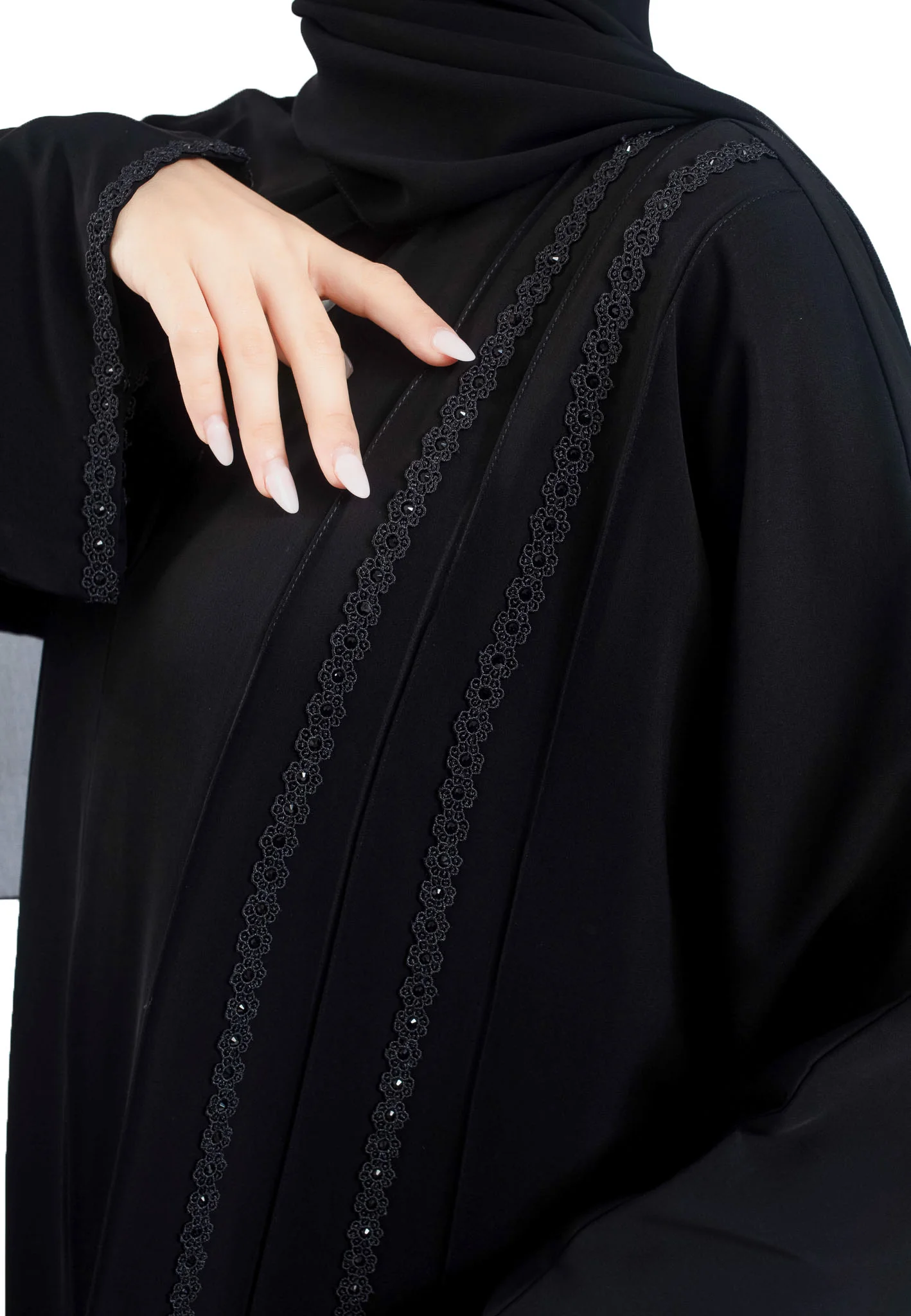 Premium Black Nida Closed Abaya with Intricate Lace Detailing - Hayah Al-Muslimah