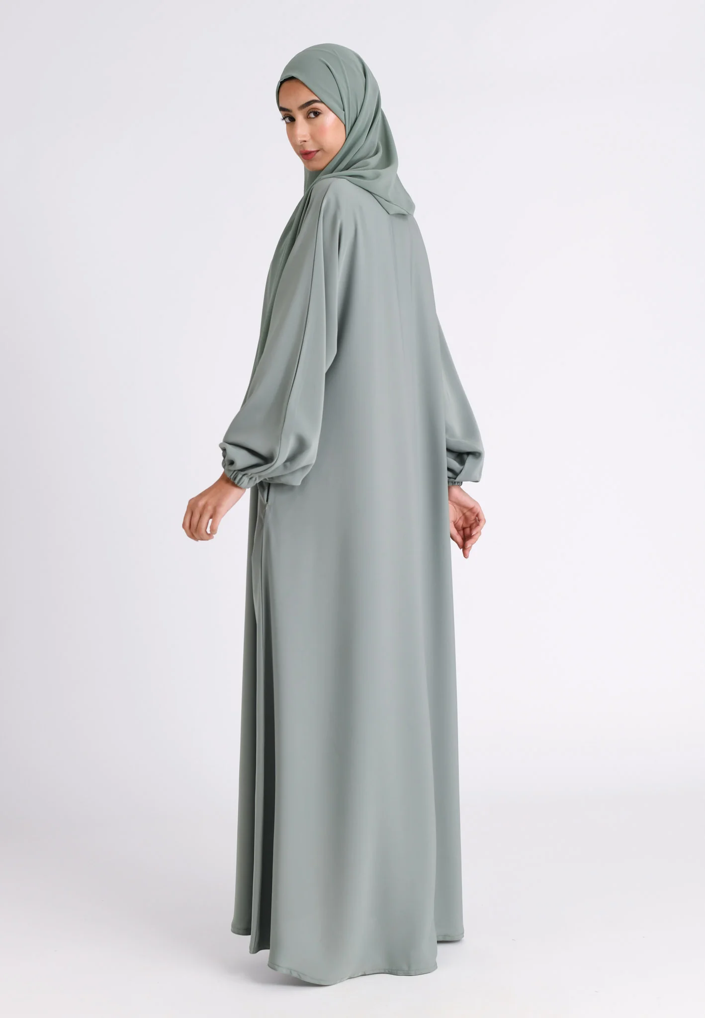 Sage Green Closed Abaya with Zip Pockets & Cuff Sleeves (Premium) - Hayah Al-Muslimah