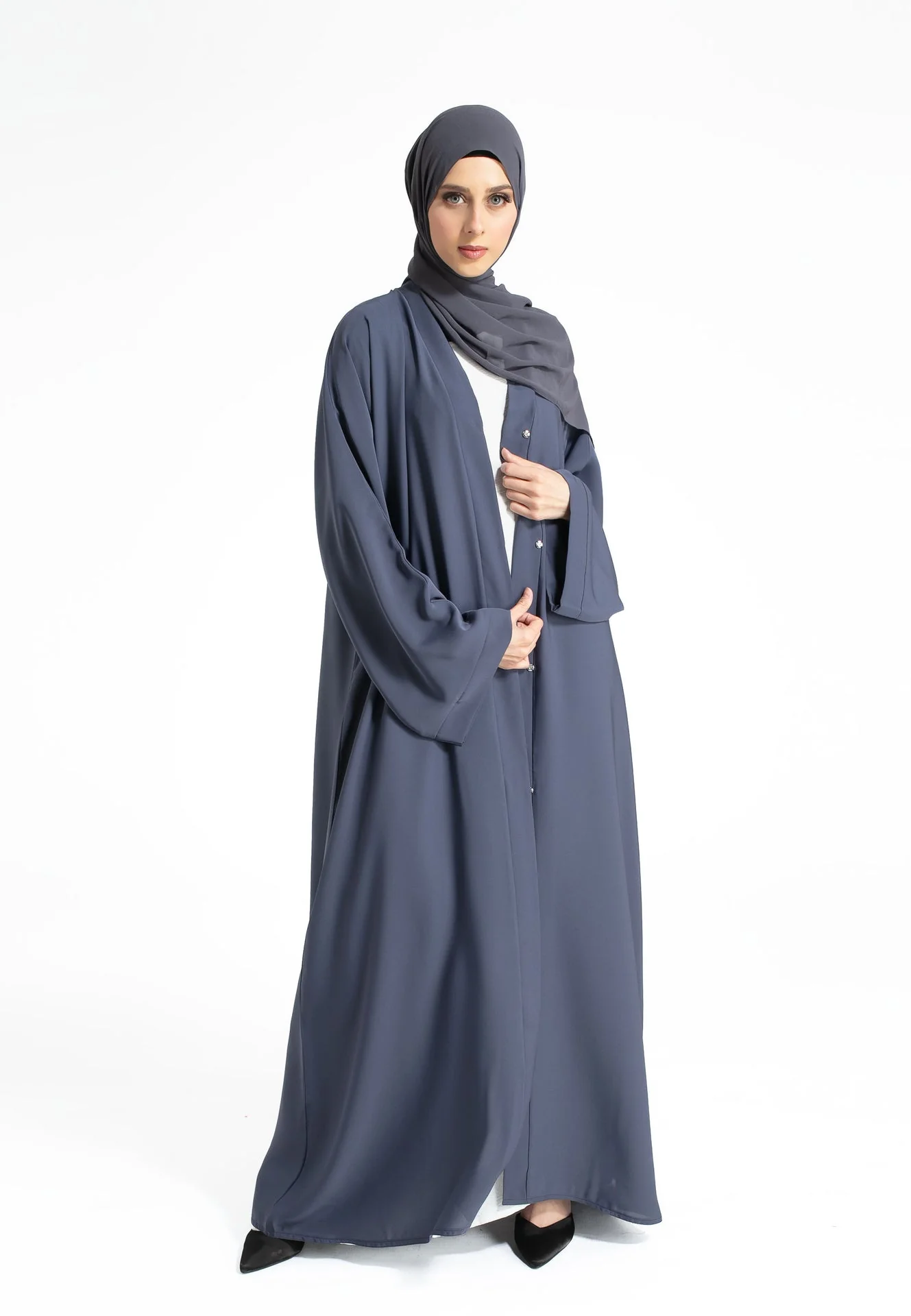 Plain Open Abaya With Wide Sleeves - Slate Grey - Hayah Al-Muslimah
