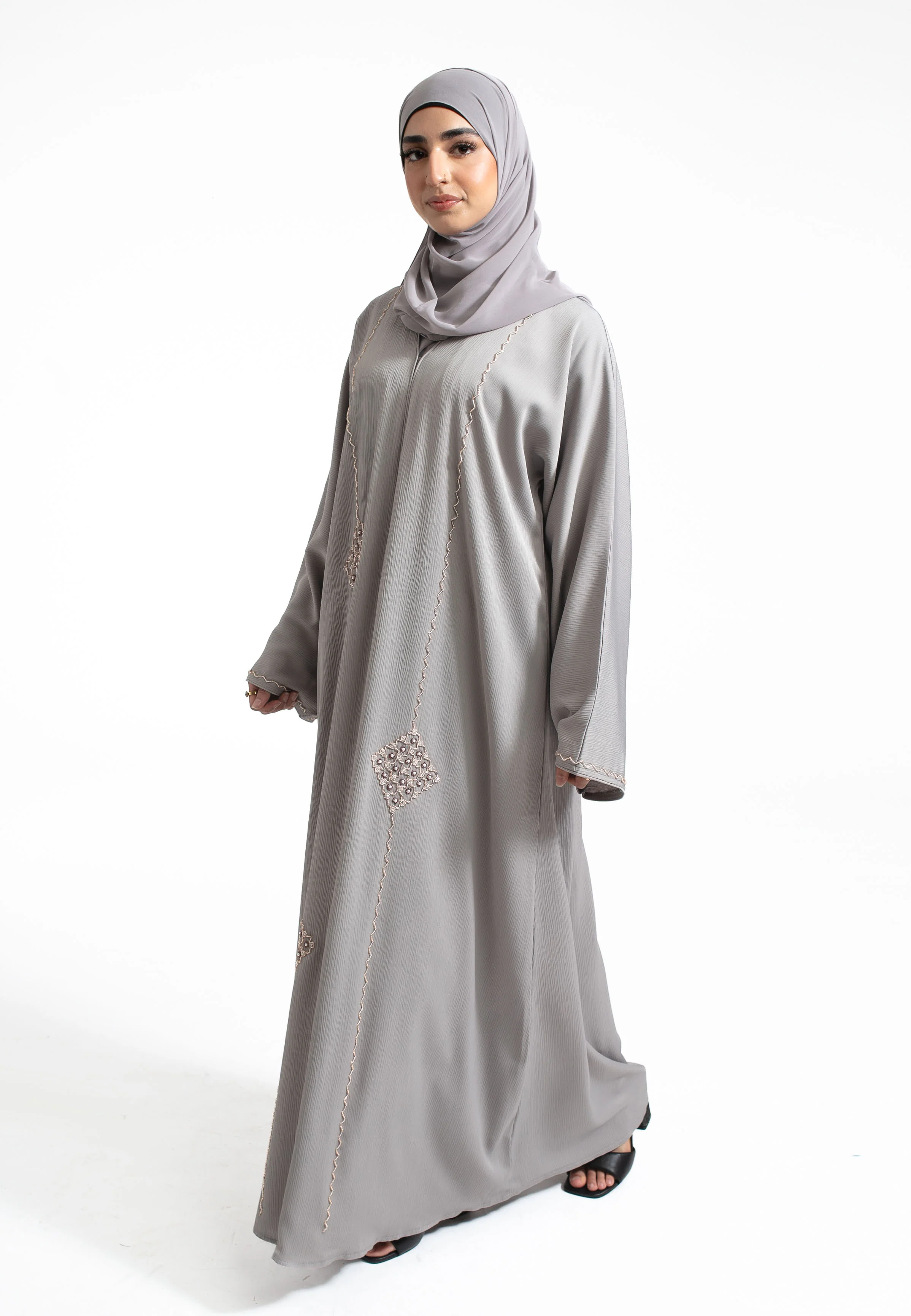 Luxury Grey Moziá Embellished Abaya (Premium) - Hayah Al-Muslimah