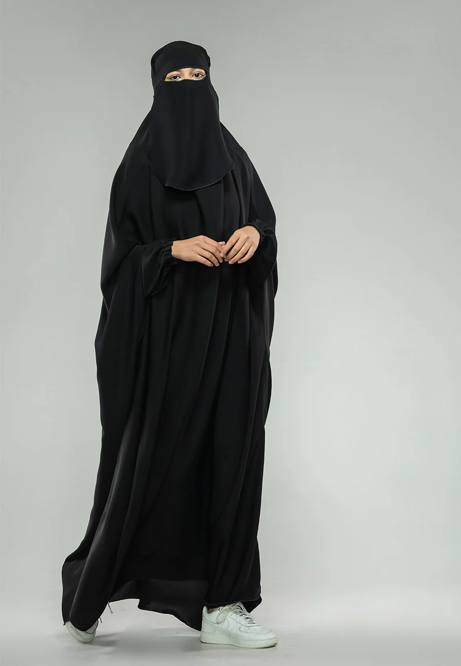 Black One-Piece Full Length Jilbab With Elasticated Cuff - Prayer / Abaya Dress (Premium) - Hayah Al-Muslimah