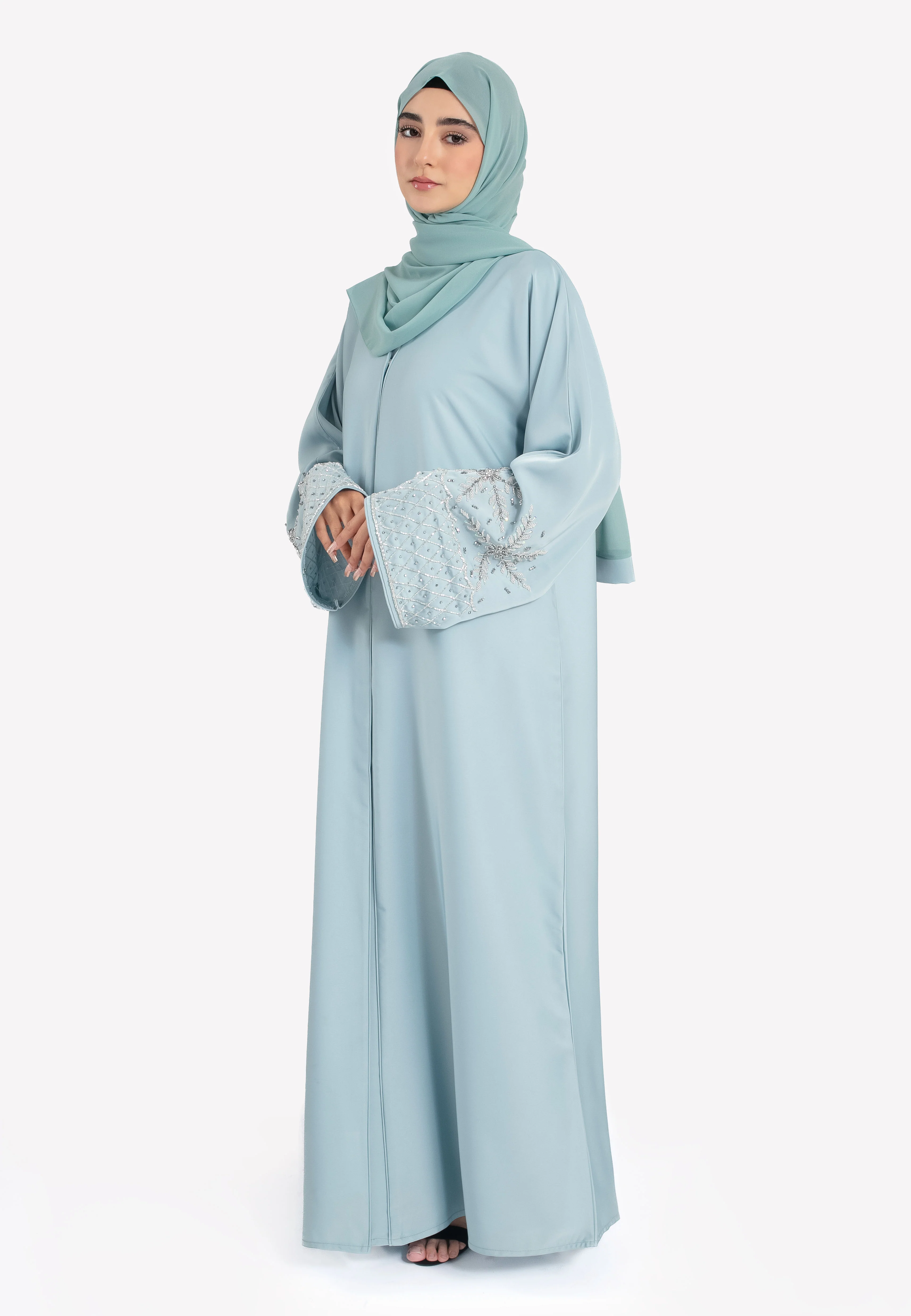 Serene Sky Satin Embellished Open Abaya - Hayah Al-Muslimah