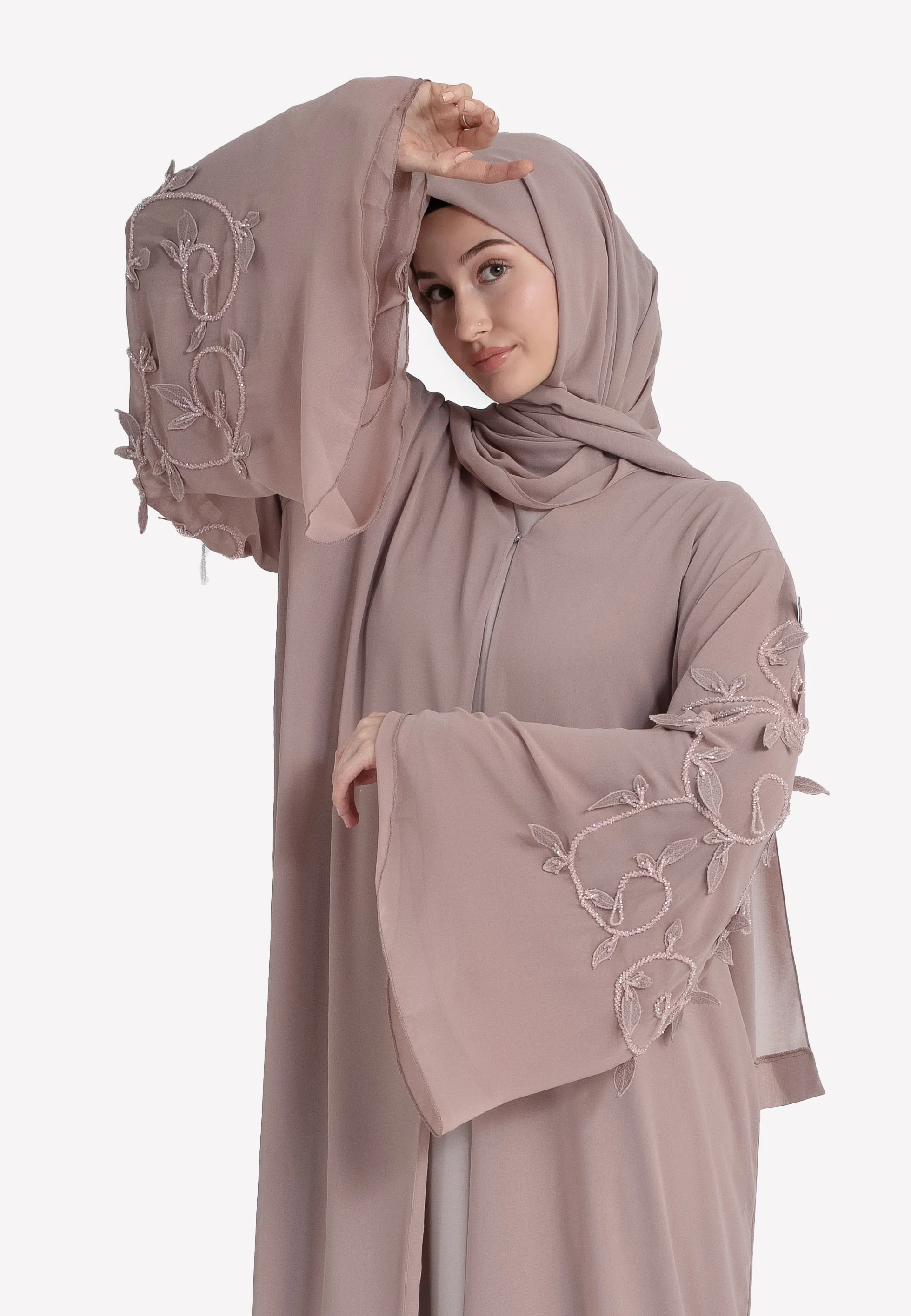 Luxury Nude Floral Embellished Abaya Set - Hayah Al-Muslimah