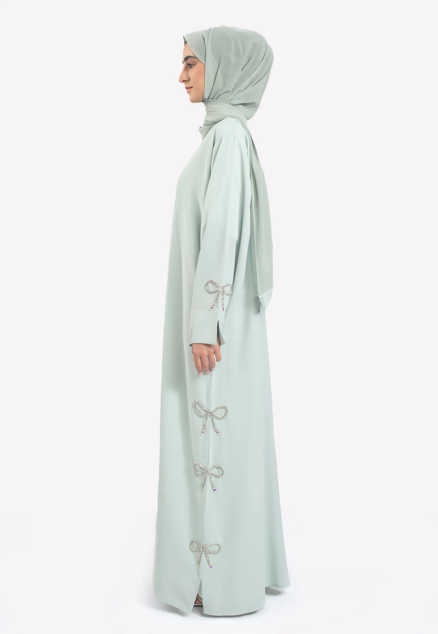 Premium Sage Open Abaya with Bow Embellishments - Hayah Al-Muslimah