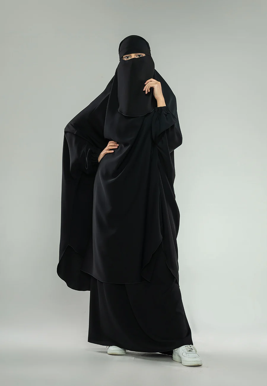 Black Two-Piece Jilbab With Elasticated Cuff - Prayer / Abaya Dress (Premium) - Hayah Al-Muslimah