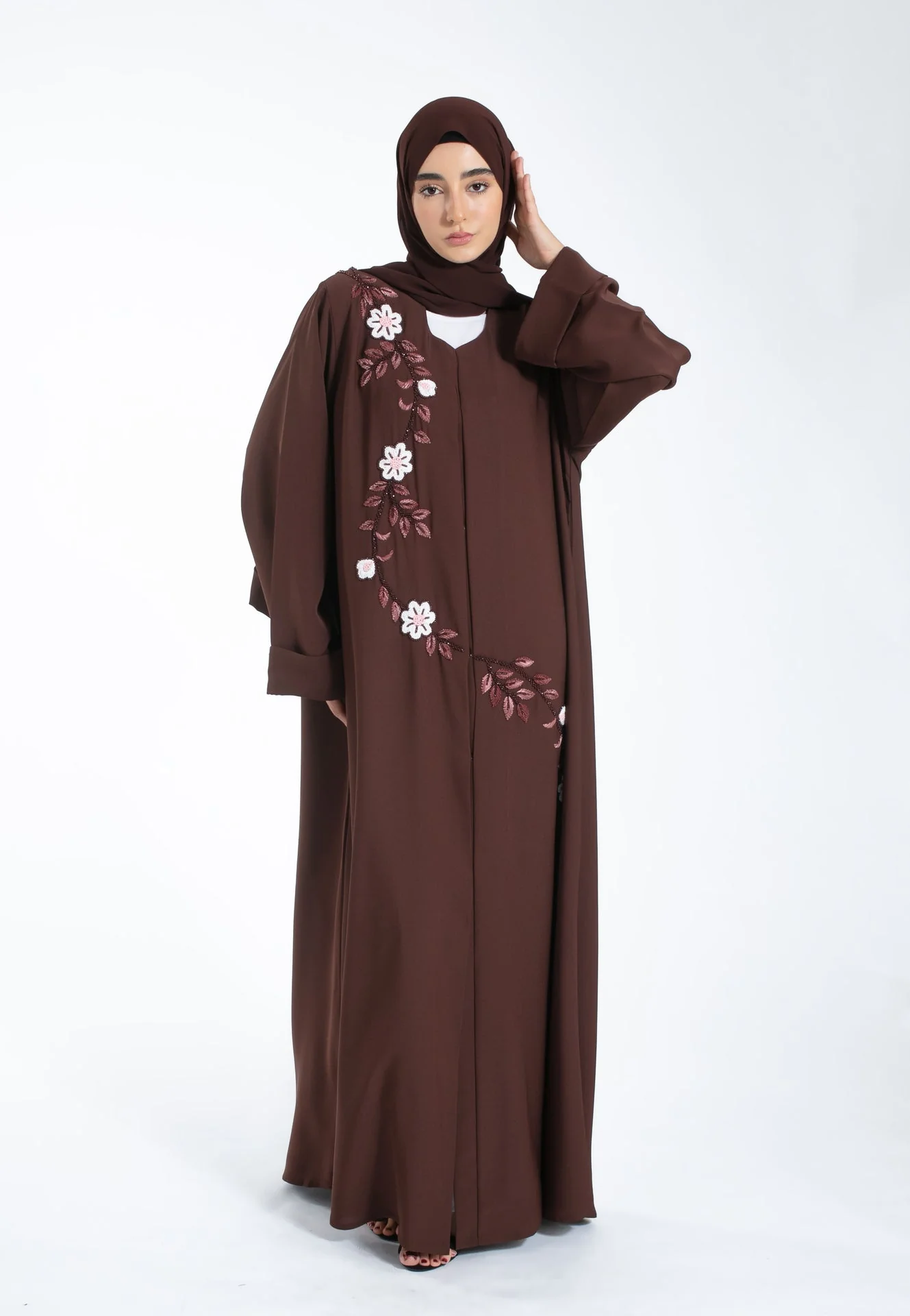 Chocolate Brown Embroidered Open Abaya - Hayah Al-Muslimah