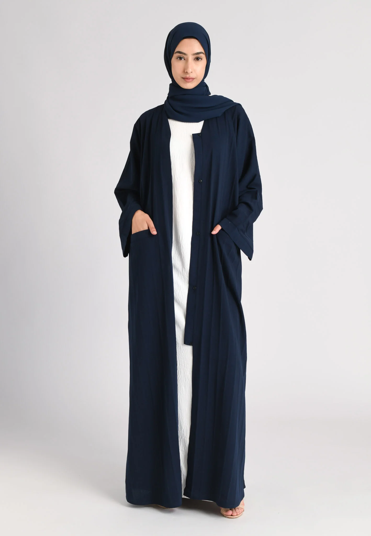Navy Open Abaya With Front Pockets (Premium) - Hayah Al-Muslimah