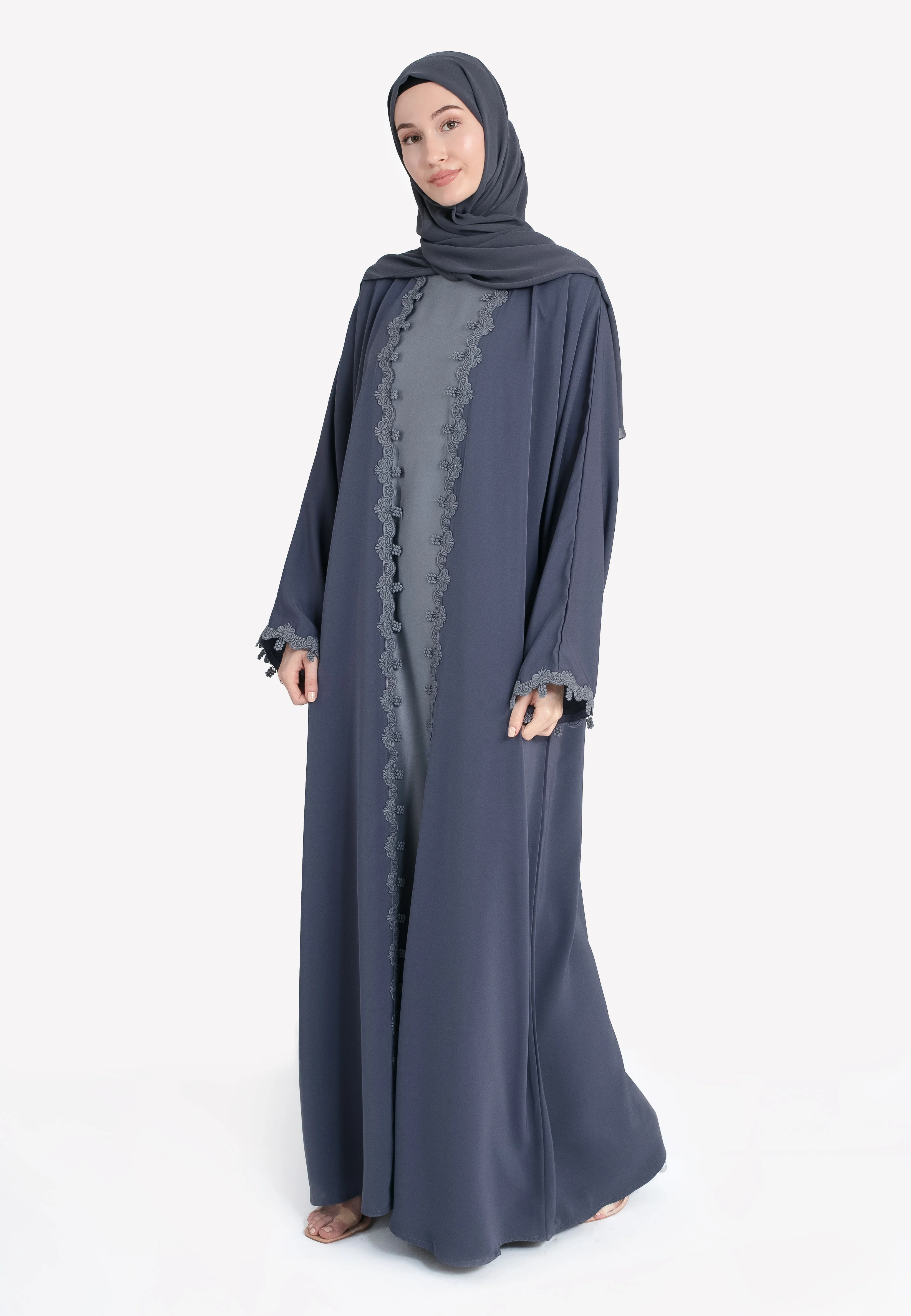 Grey Blossom Floral Lace Detailed Open Abaya Set - Hayah Al-Muslimah
