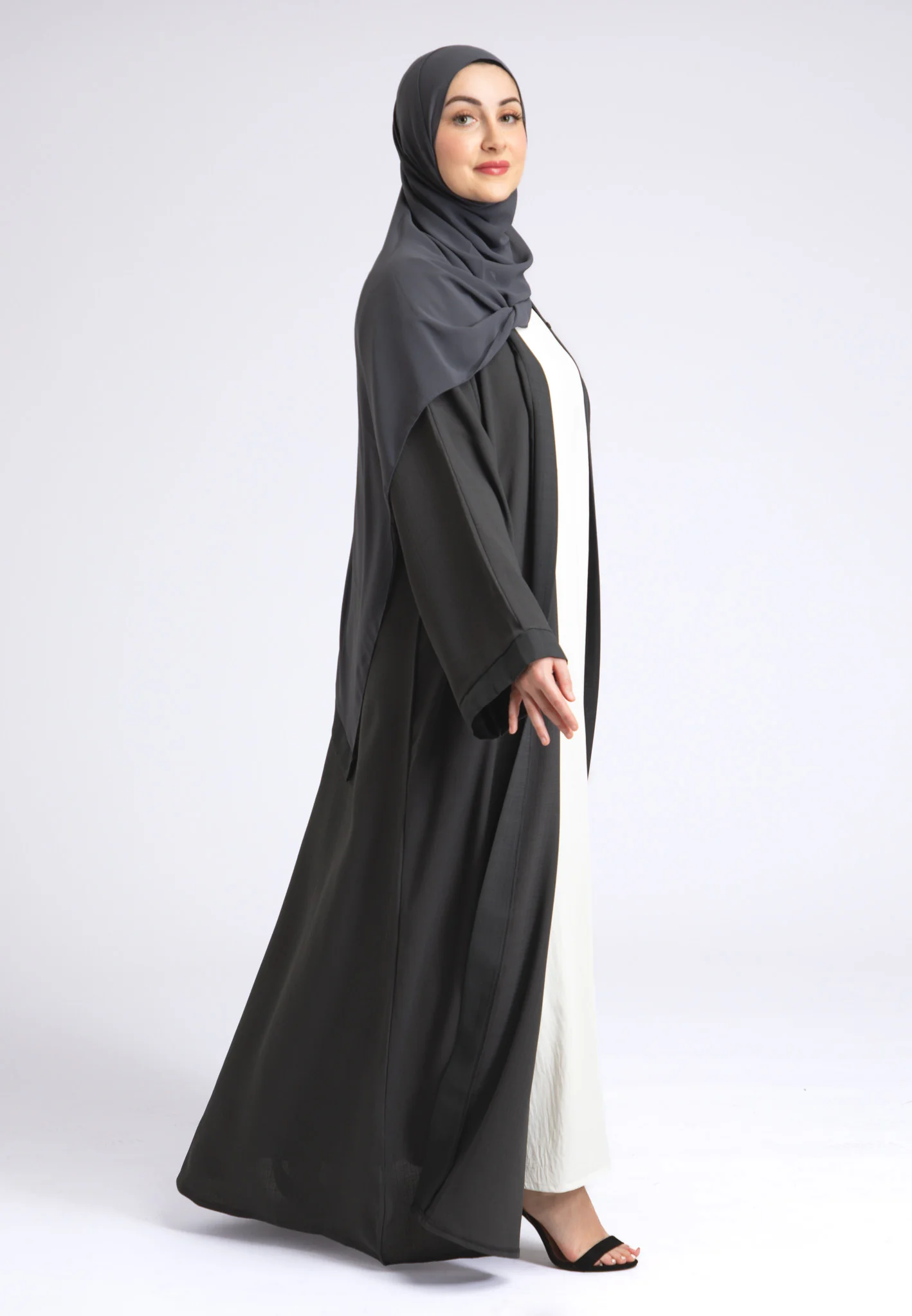 Charcoal Grey Linen Open Abaya - Hayah Al-Muslimah