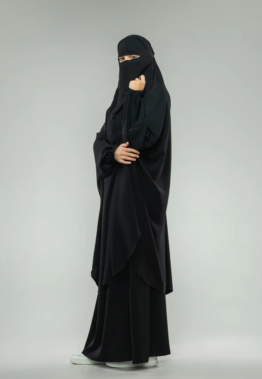 Black Two-Piece Jilbab With Elasticated Cuff - Prayer / Abaya Dress (Premium) - Hayah Al-Muslimah